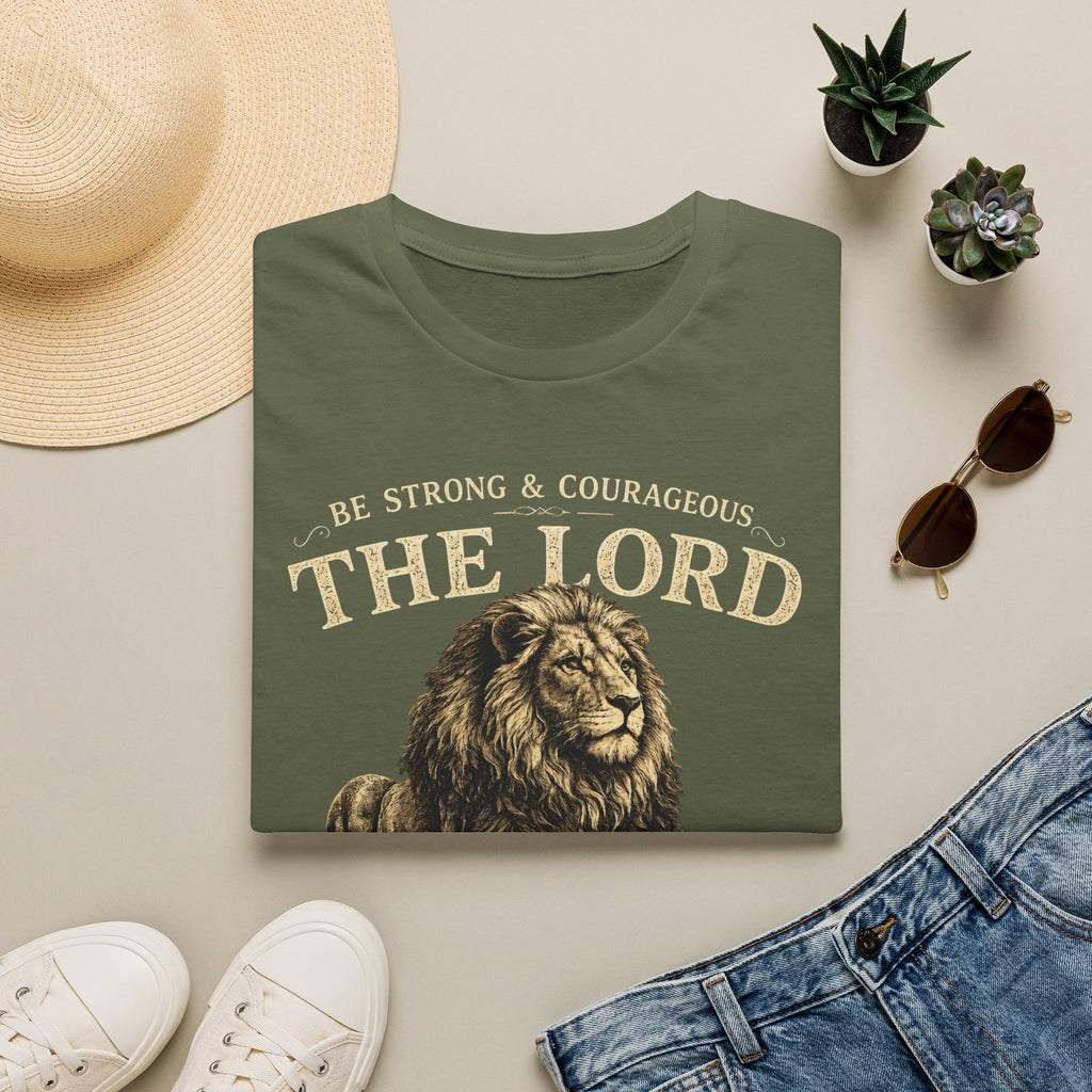 Be Strong & Courageous The Lord Lion T-Shirt — Christian Faith Tee (Joshua 1:9)