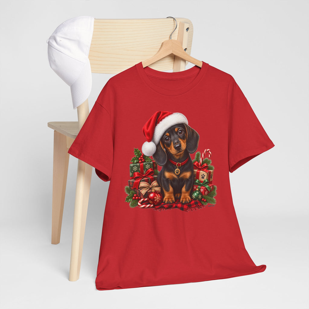 Christmas Dachshund T-Shirt – Cute Puppy in Santa Hat Holiday Tee