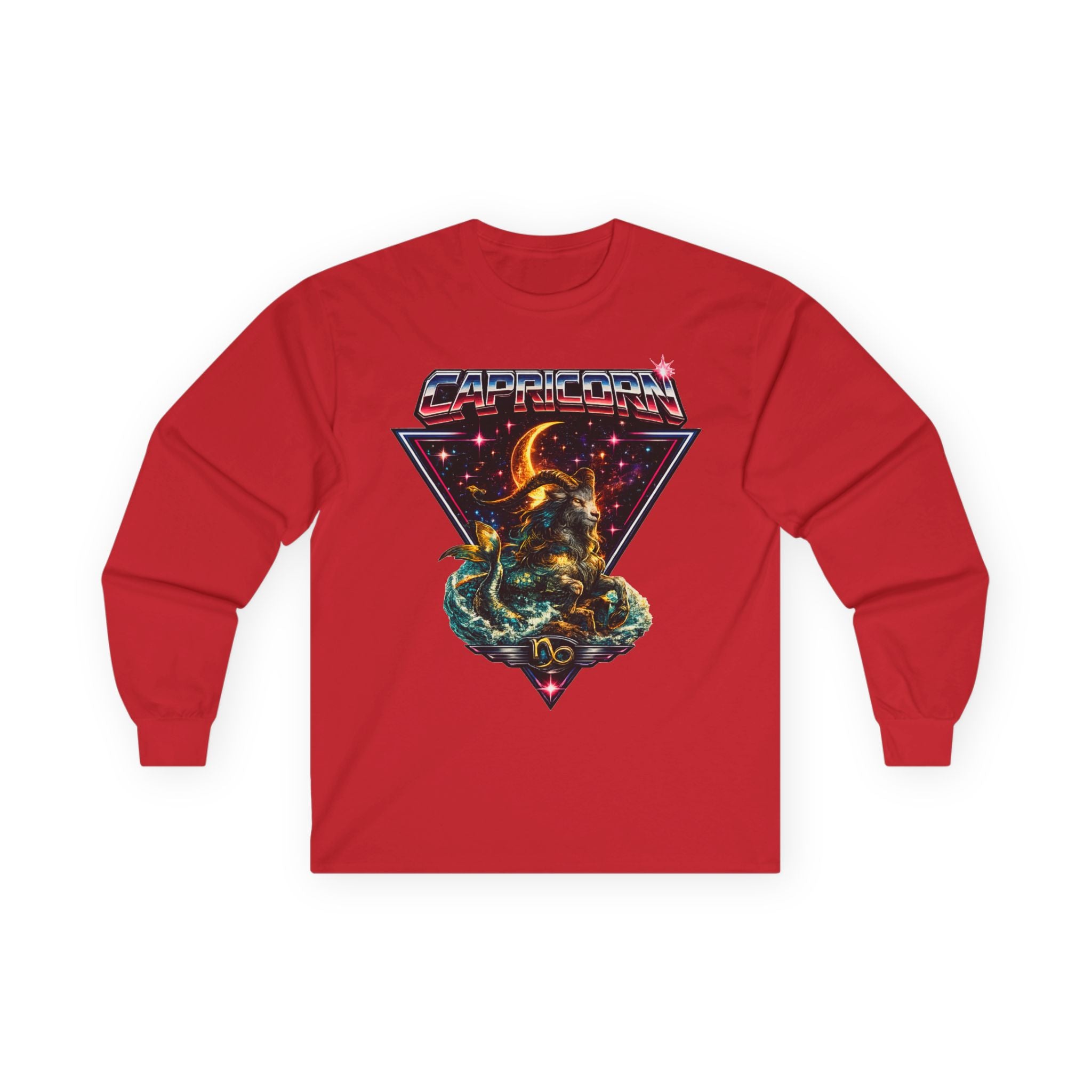 Capricorn Retro Zodiac Long Sleeve Tee-Vintage 80s Celestial Sea-Goat Design