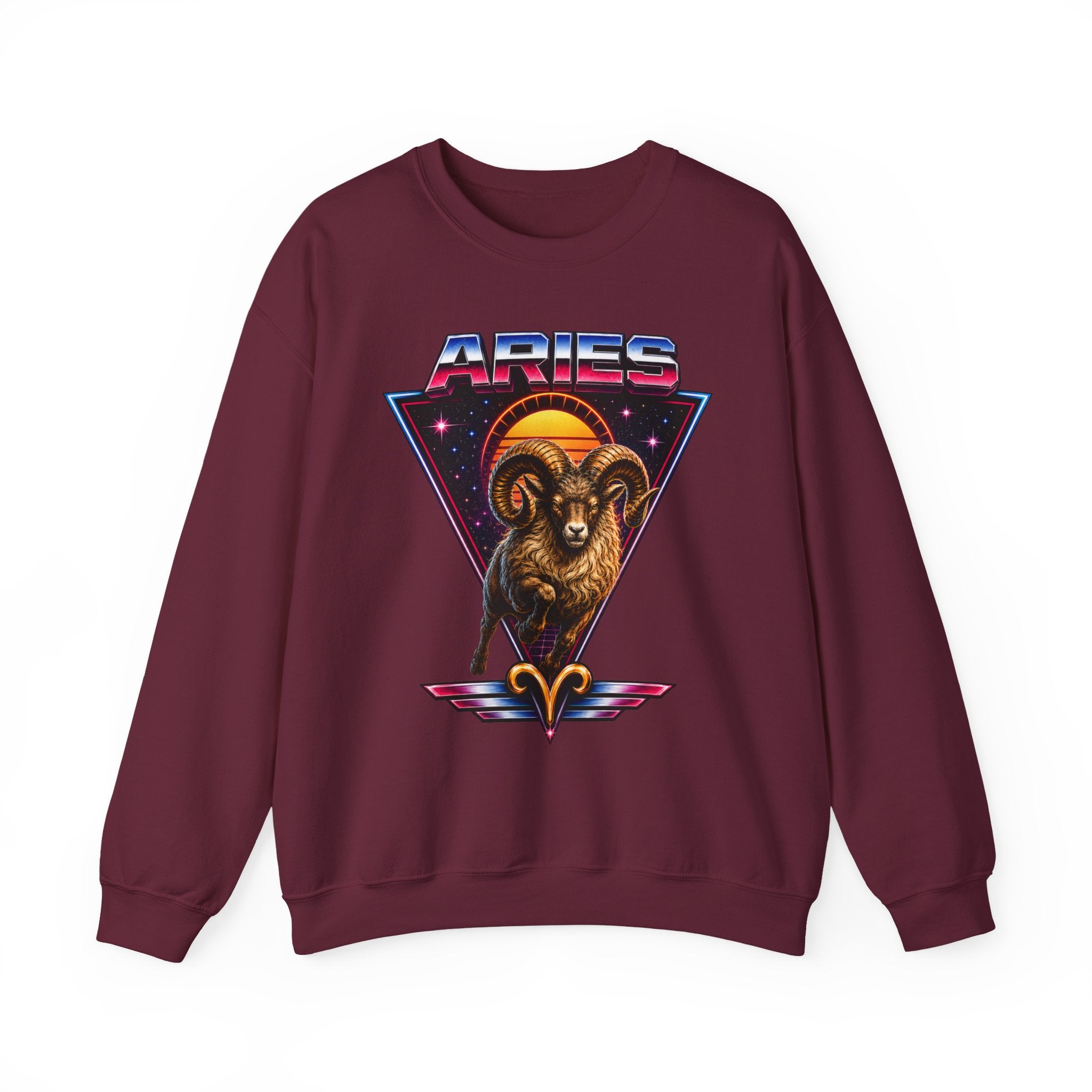 Aries Zodiac Crewneck Sweatshirt — 80s Retro Ram Astrology Graphic