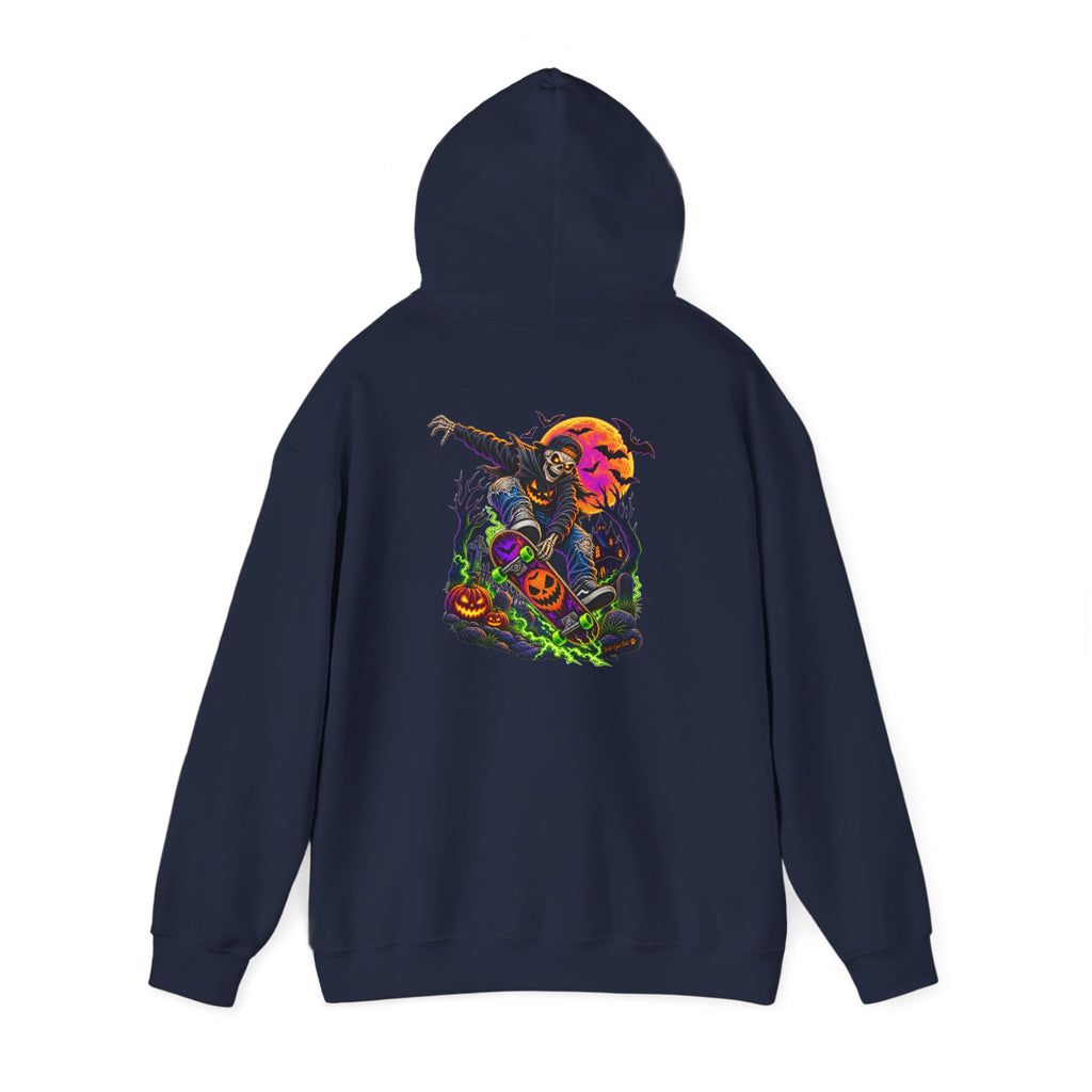 Halloween Skeleton skateboarder Hoodie — Pumpkin Patch Horror Graphic Sweatshirt