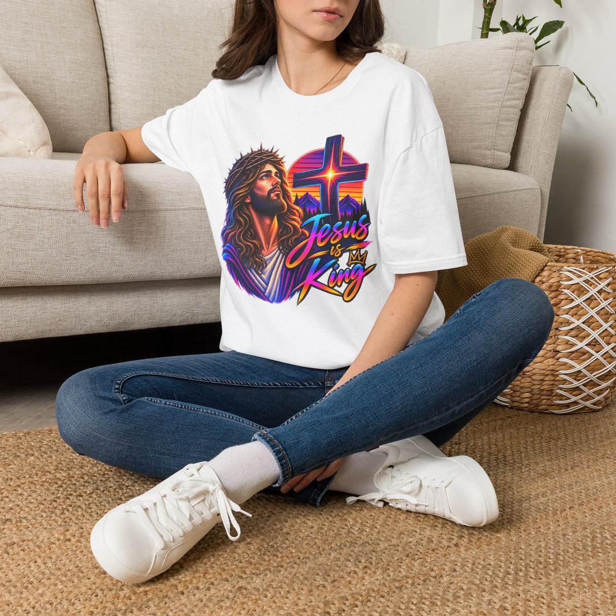 Jesus Is King T‑Shirt — Retro Neon Cross & Christ Portrait