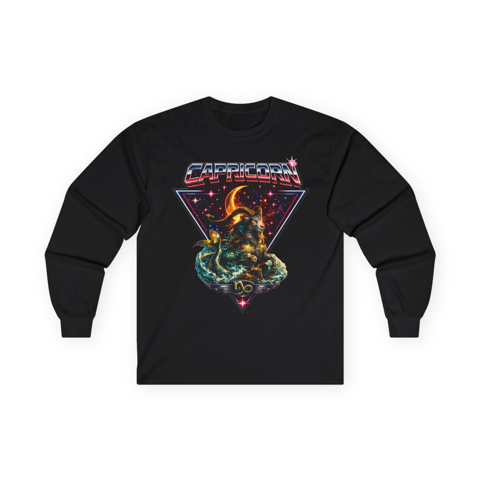 Capricorn Retro Zodiac Long Sleeve Tee-Vintage 80s Celestial Sea-Goat Design