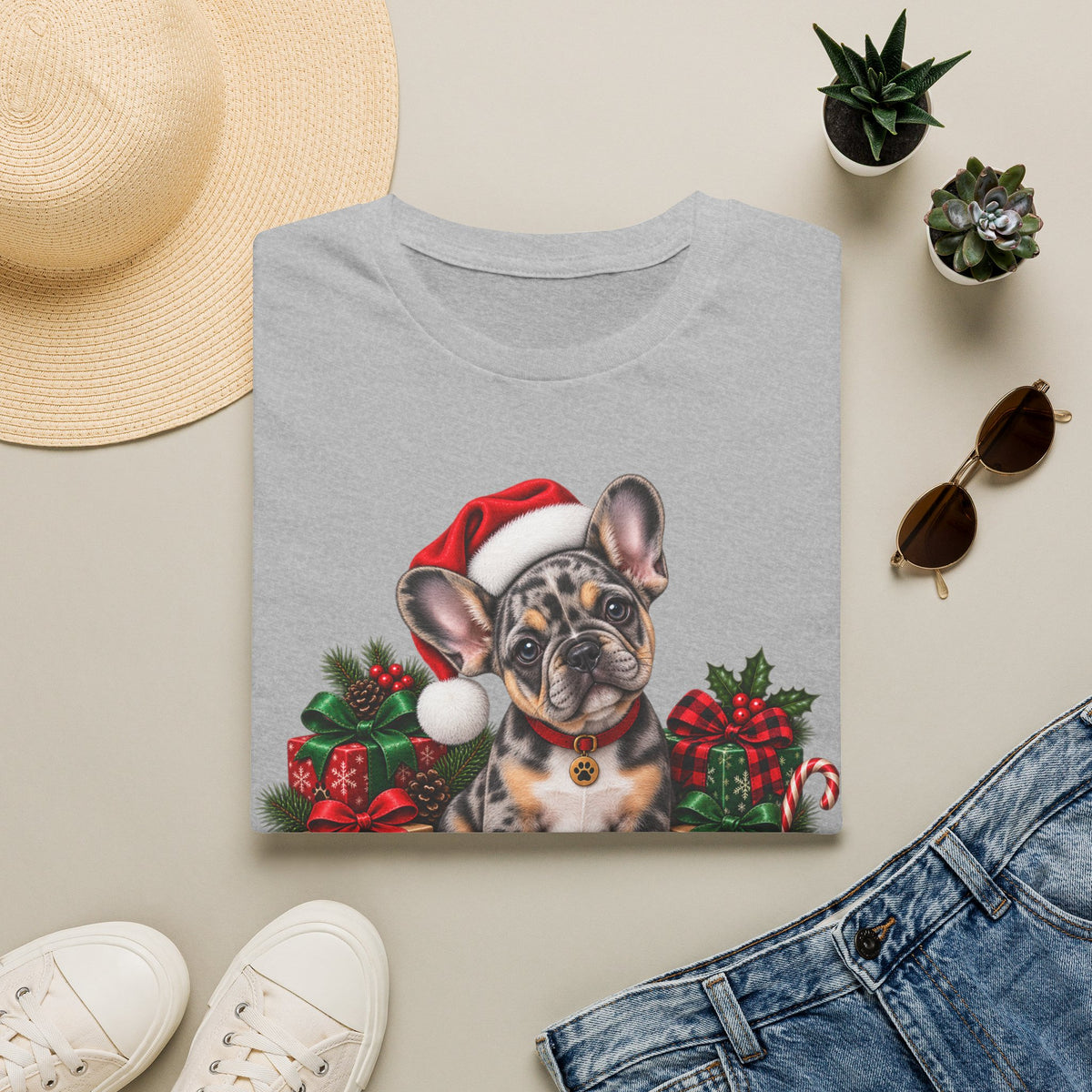 French Bulldog Christmas T-Shirt — Cute Santa Pup Holiday Tee