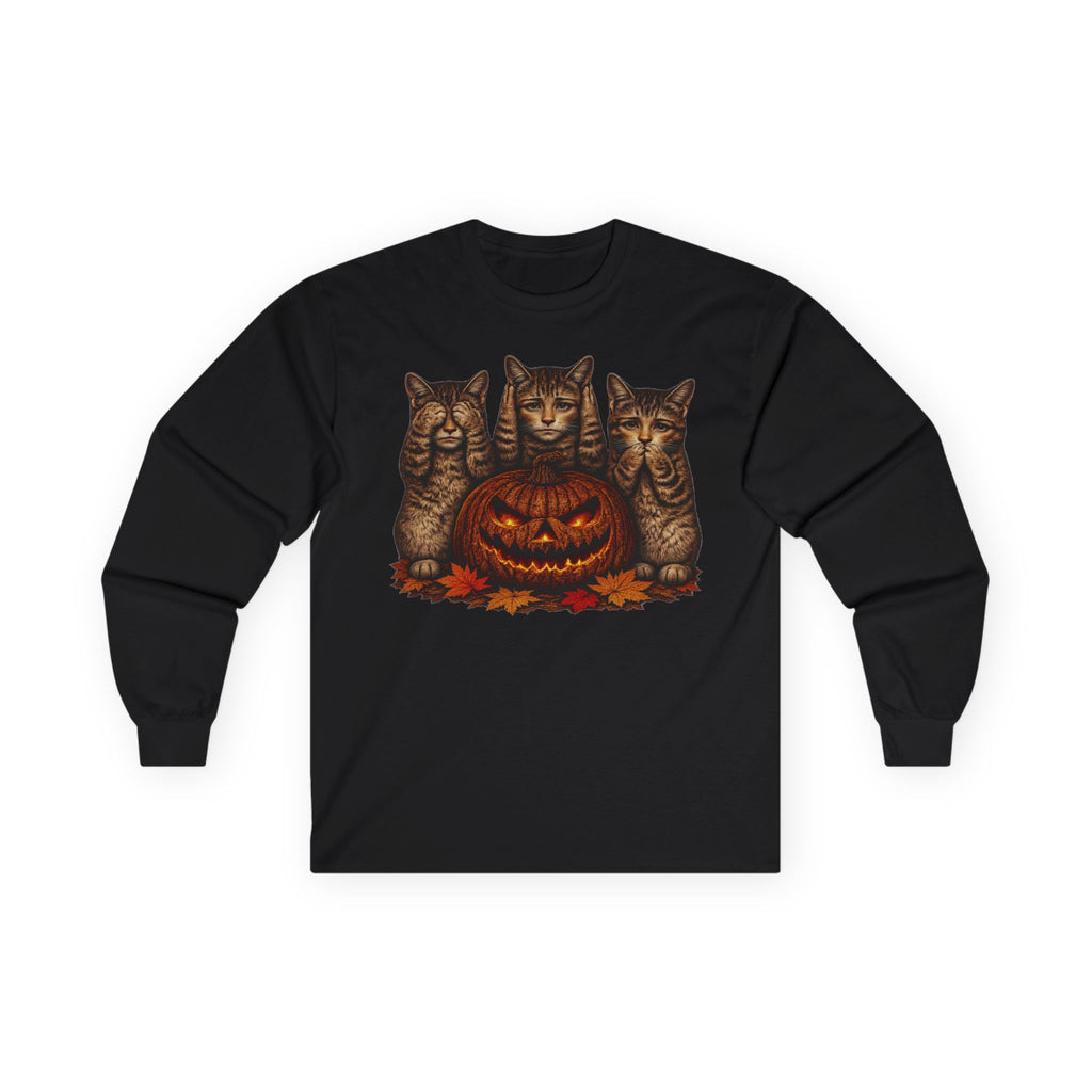 Anthropomorphic Trio Of  Cats Long Sleeve Tee — Three Kittens with Jack-O'-Lantern Graphic