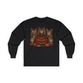 Anthropomorphic Trio Of  Cats Long Sleeve Tee — Three Kittens with Jack-O'-Lantern Graphic