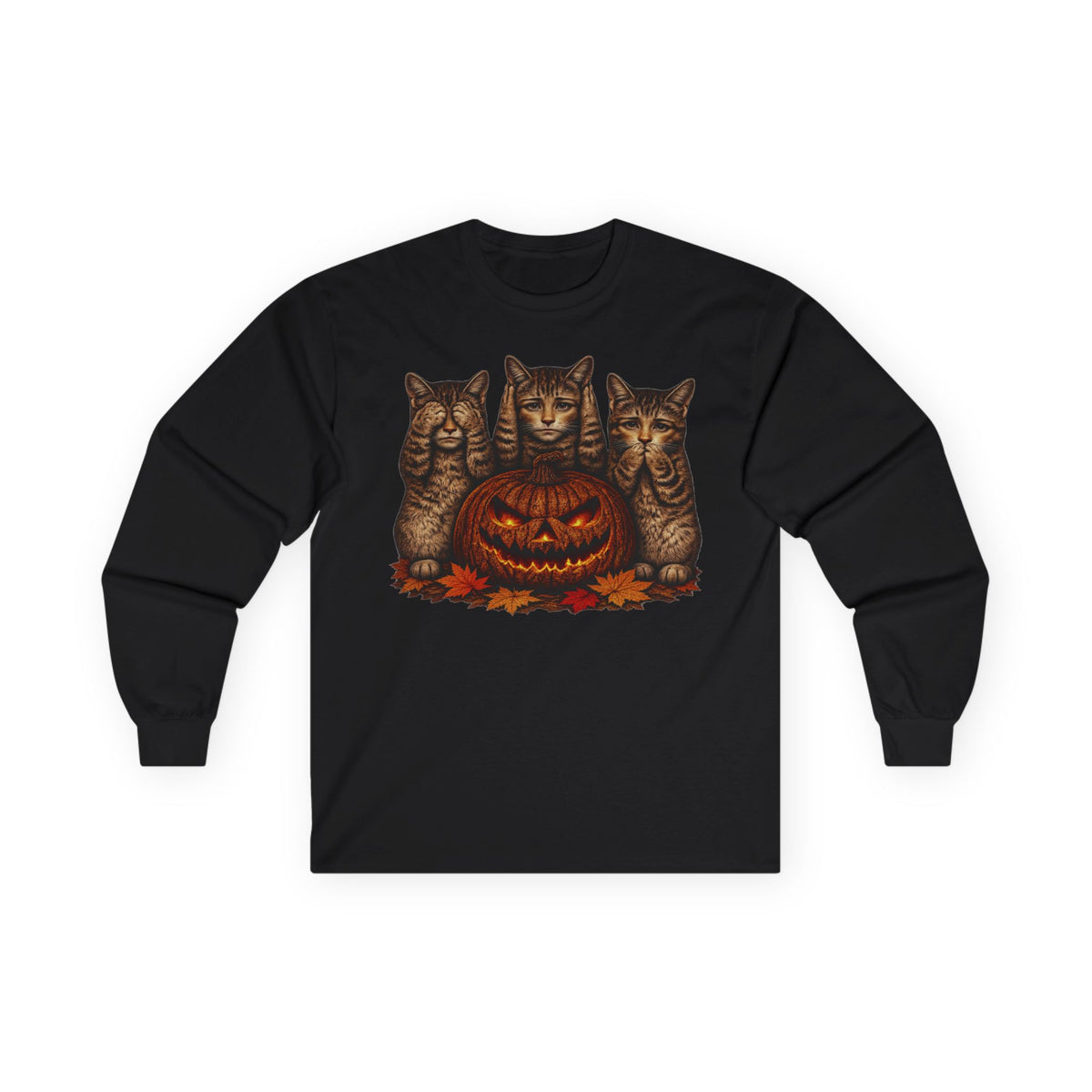 Anthropomorphic Trio Of  Cats Long Sleeve Tee — Three Kittens with Jack-O'-Lantern Graphic