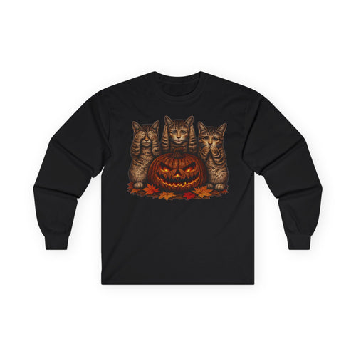 Anthropomorphic Trio Of  Cats Long Sleeve Tee — Three Kittens with Jack-O'-Lantern Graphic