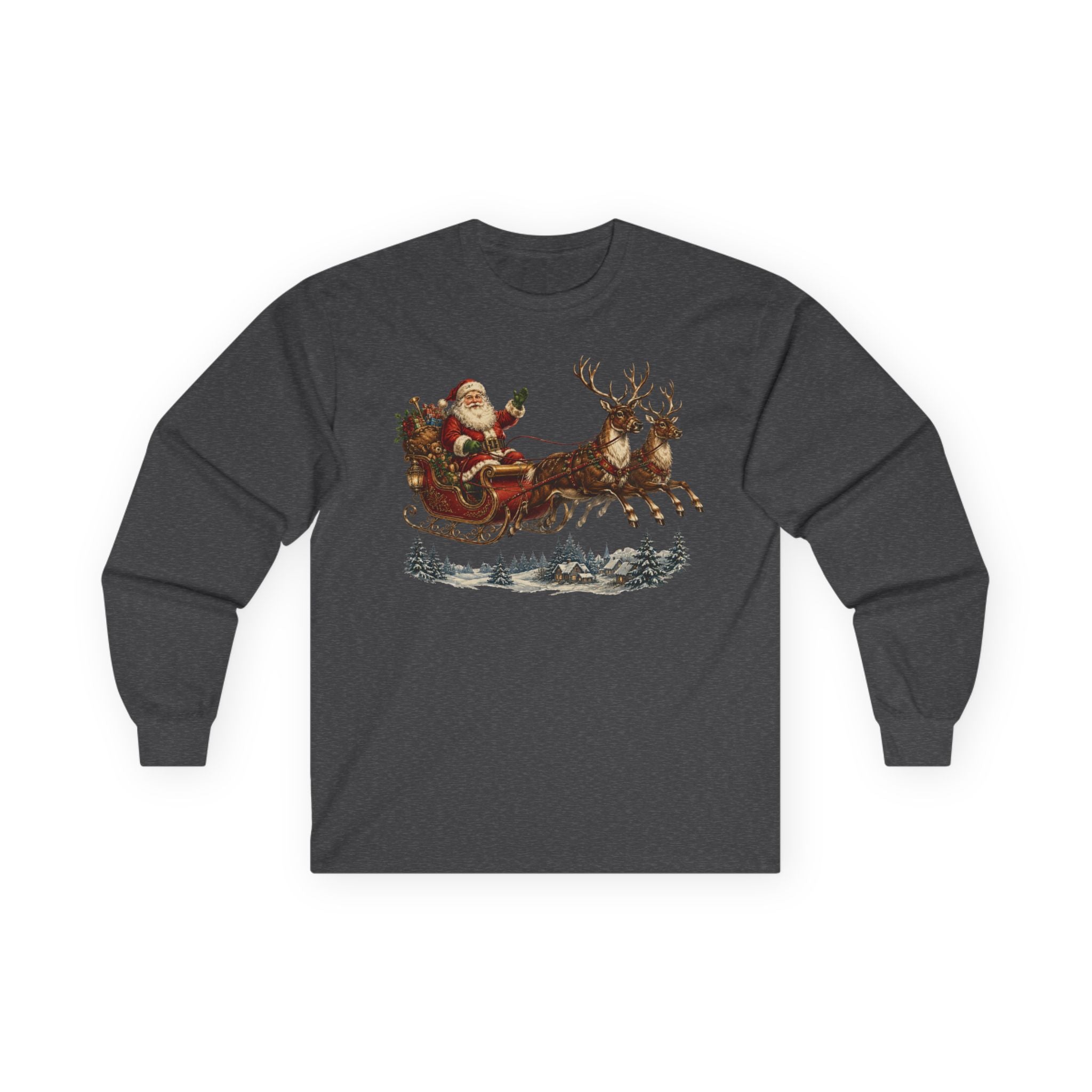 Santa Sleigh Long Sleeve Tee — Vintage Christmas Reindeer Shirt