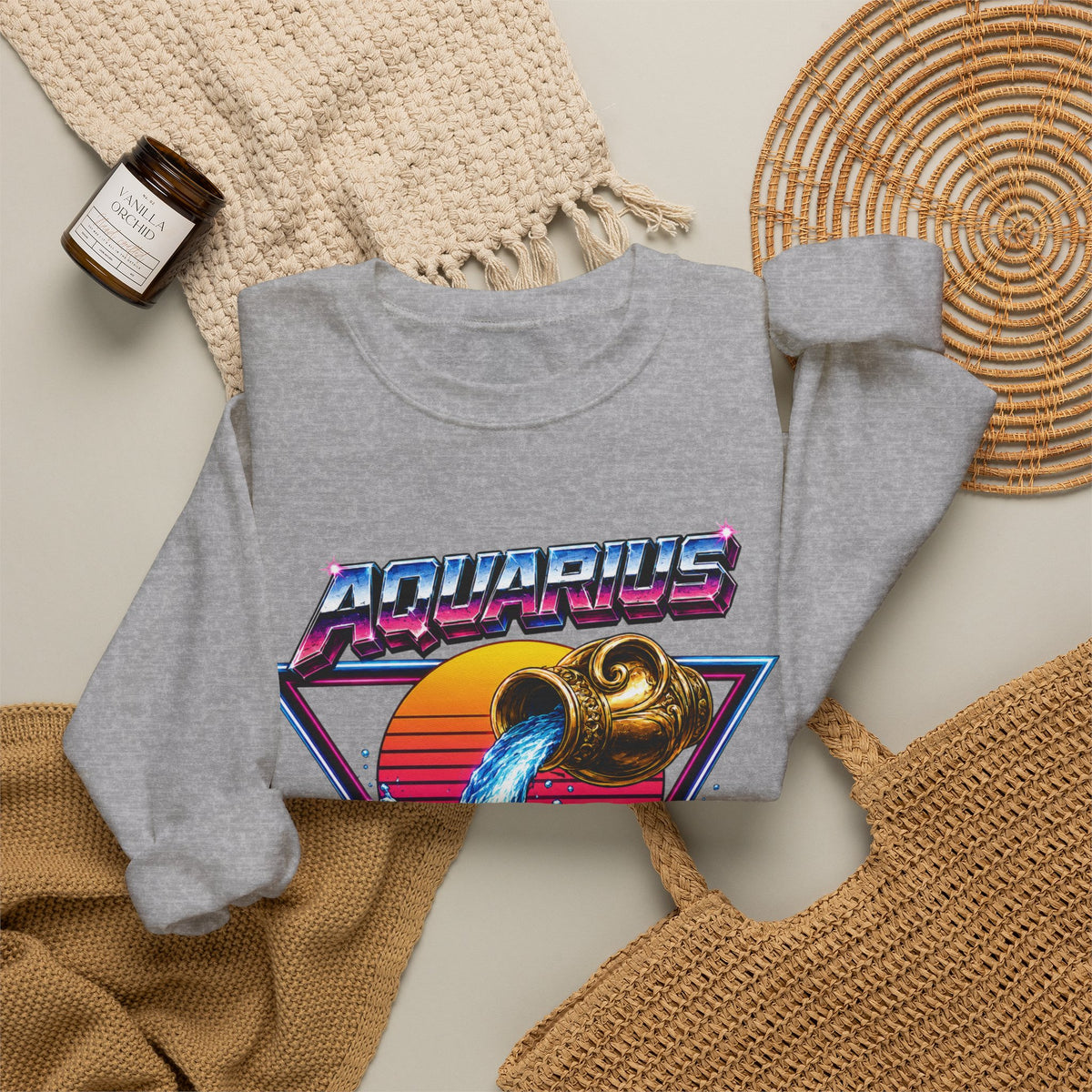 Aquarius Zodiac Crewneck Sweatshirt — Retro Neon Water-Bearer Design