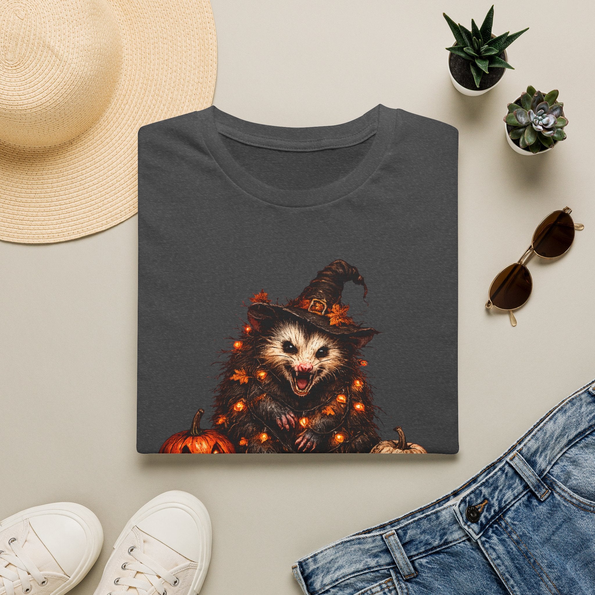 Halloween Possum T‑Shirt — Cute Spooky Opossum in Witch Hat with Fairy lights and Pumpkins
