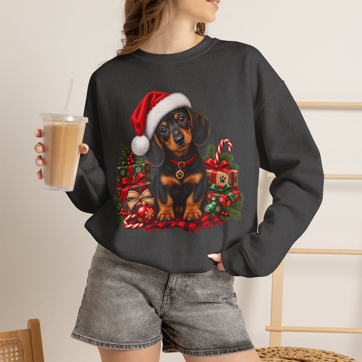 Christmas Dachshund Sweatshirt — Cute Puppy in Santa Hat Holiday Crewneck