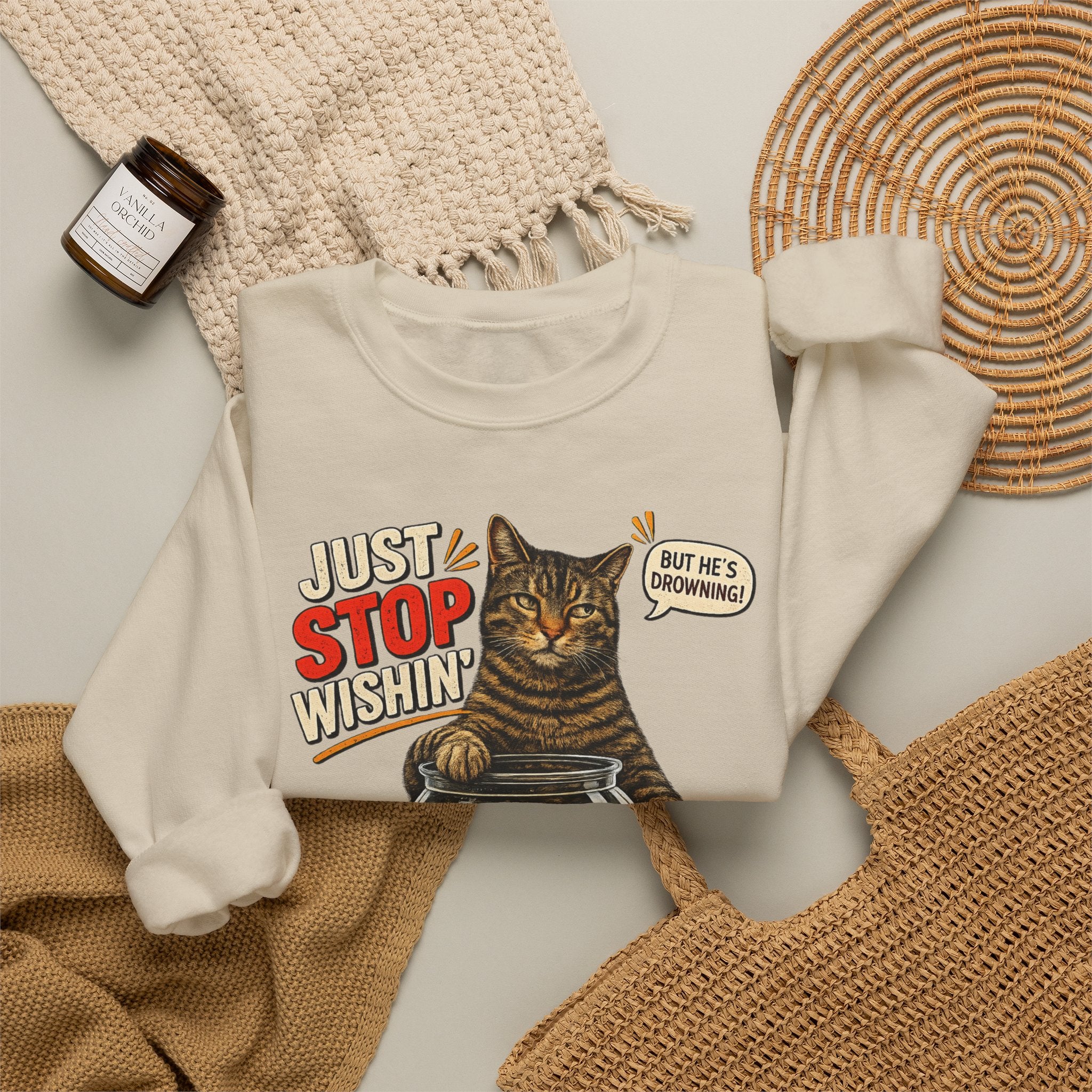 Fishing Cat Sweatshirt – "Just Stop Wishin' and Go Fishin'" Graphic Crewneck
