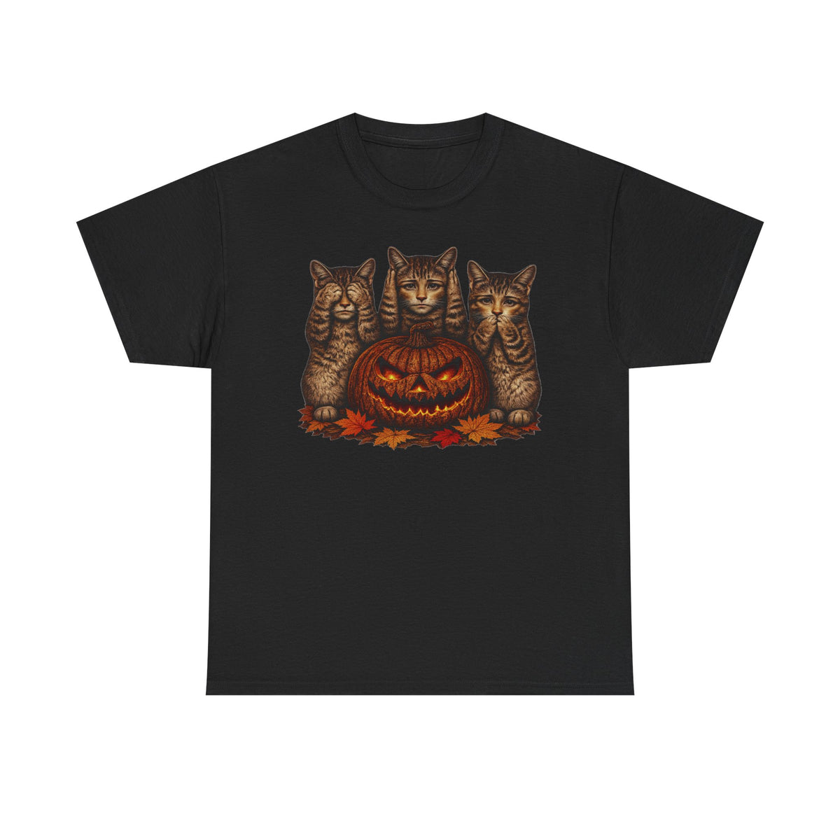 Halloween Cats T-Shirt — Trio of Kittens with Jack-O'-Lantern Fall Tee