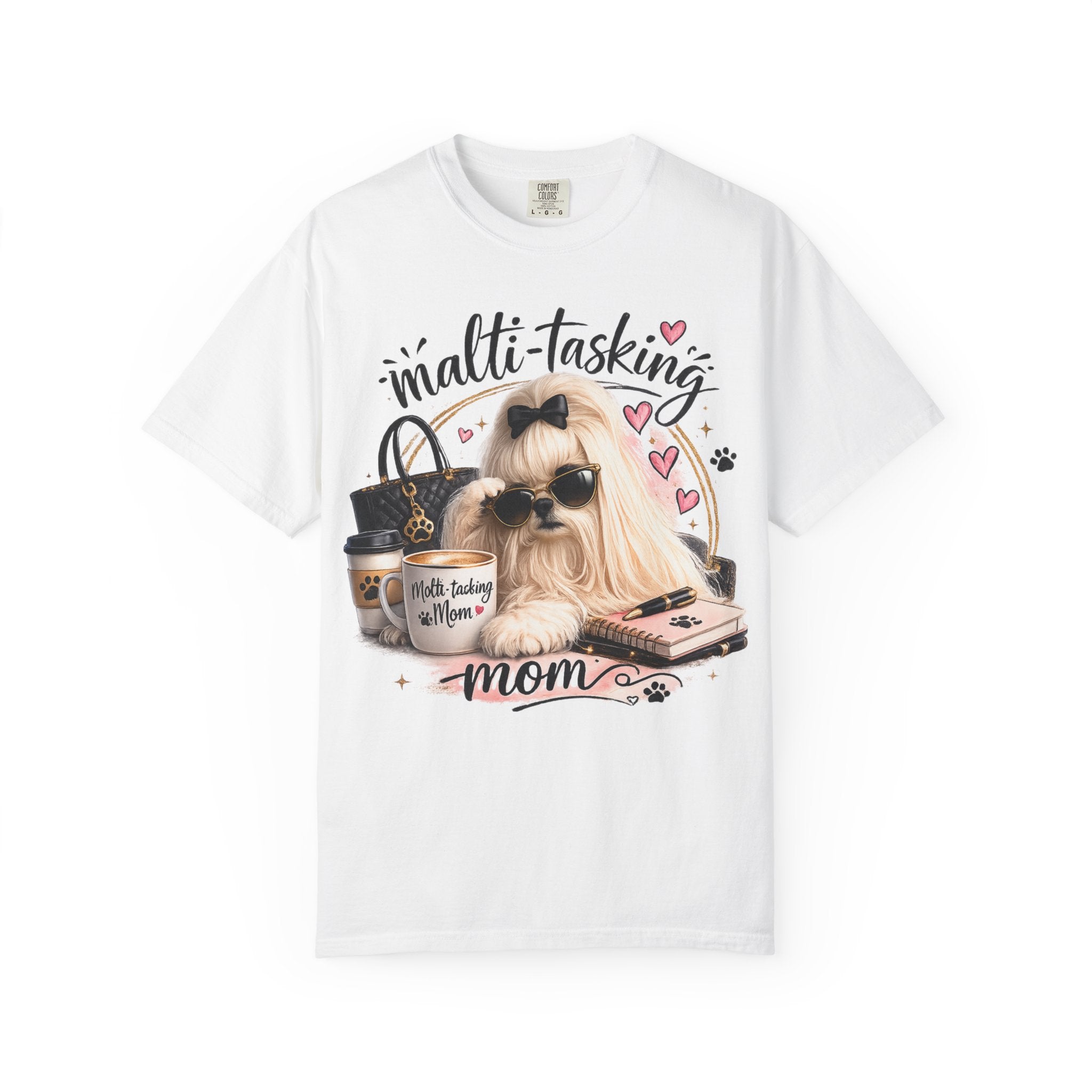 Multi-Tasking Mom T-Shirt – Cute Maltese Dog with Coffee & Handbag Graphic