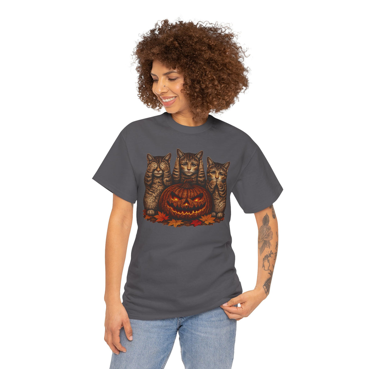 Halloween Cats T-Shirt — Trio of Kittens with Jack-O'-Lantern Fall Tee