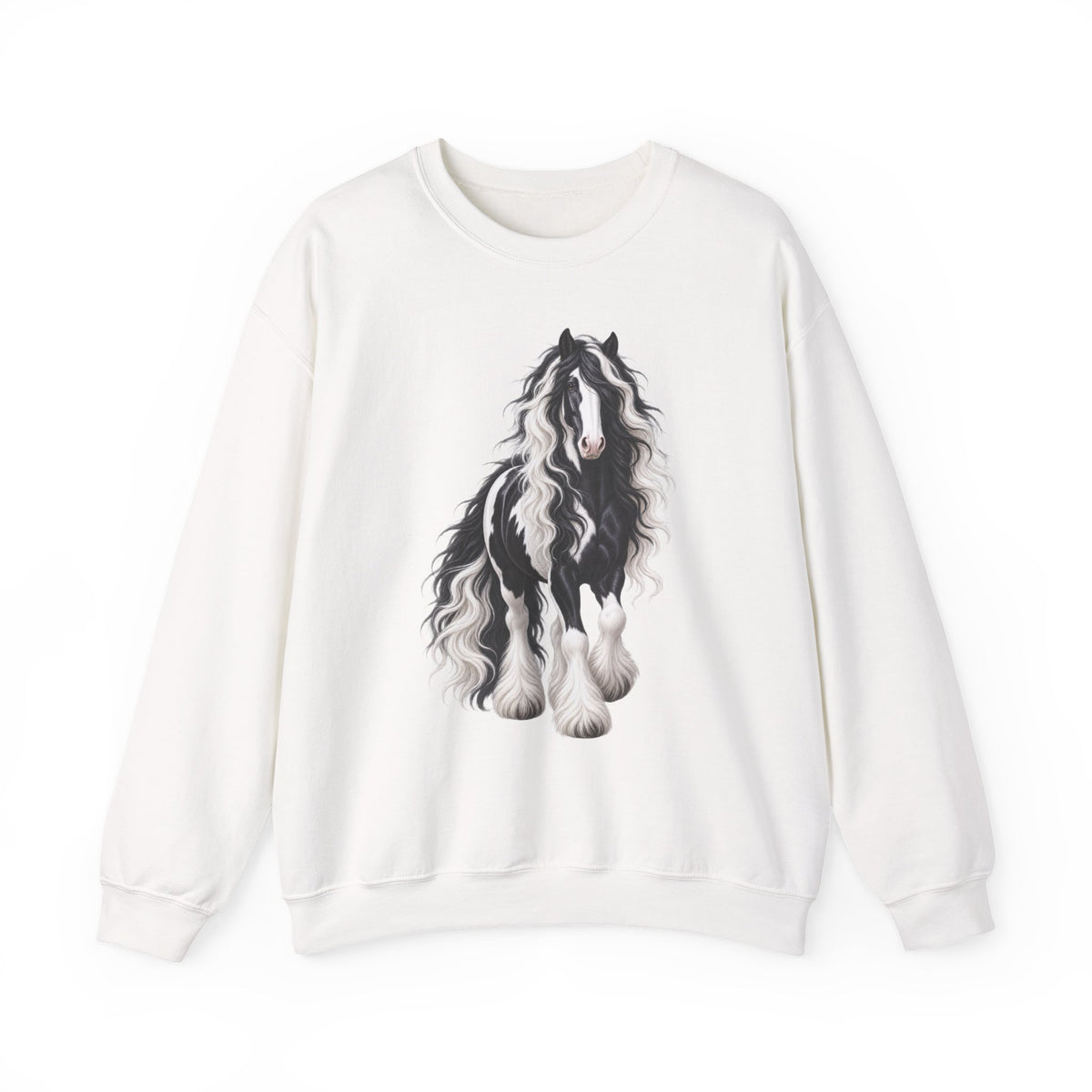 Gypsy Vanner Horse Crewneck Sweatshirt — Black & White Fluffy Pony Graphic