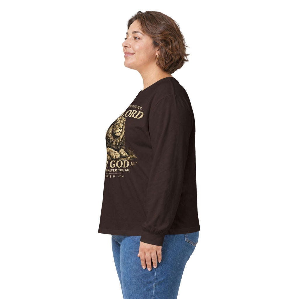 Christian Lion Long Sleeve Tee — “Be Strong & Courageous, The Lord Your God” Inspirational Shirt