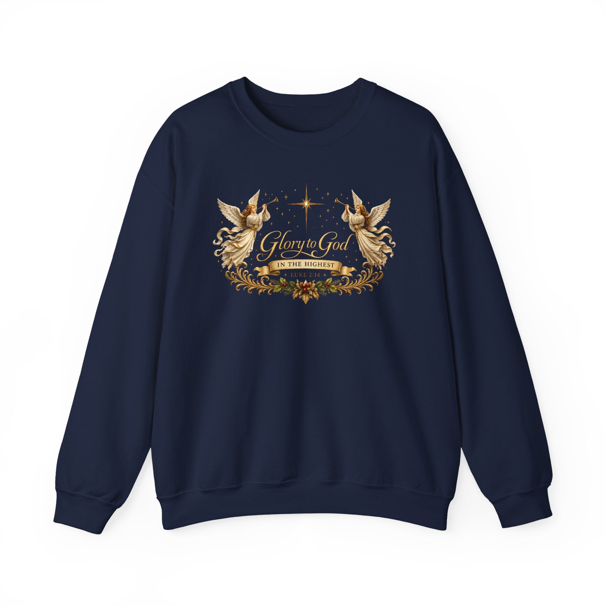 Glory to God Crewneck Sweatshirt — Angel Wings & Star Christian Holiday Pullover