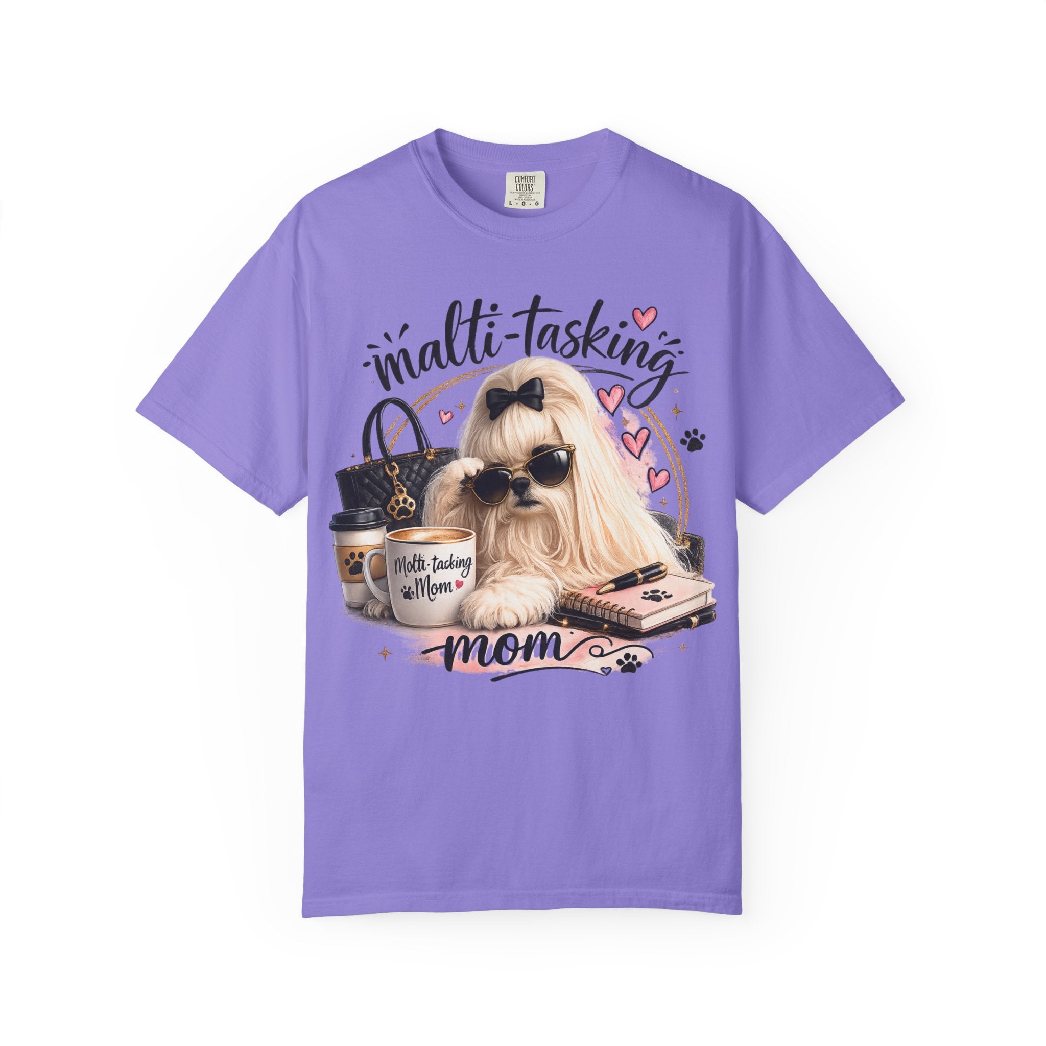 Multi-Tasking Mom T-Shirt – Cute Maltese Dog with Coffee & Handbag Graphic
