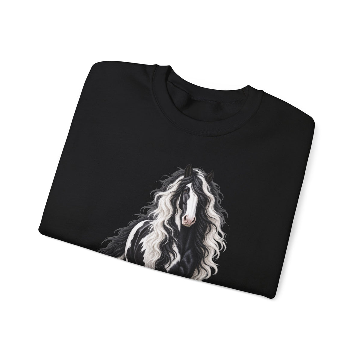 Gypsy Vanner Horse Crewneck Sweatshirt — Black & White Fluffy Pony Graphic