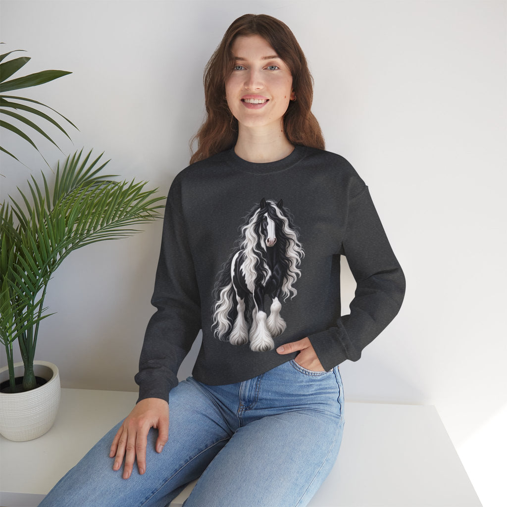 Gypsy Vanner Horse Crewneck Sweatshirt — Black & White Fluffy Pony Graphic