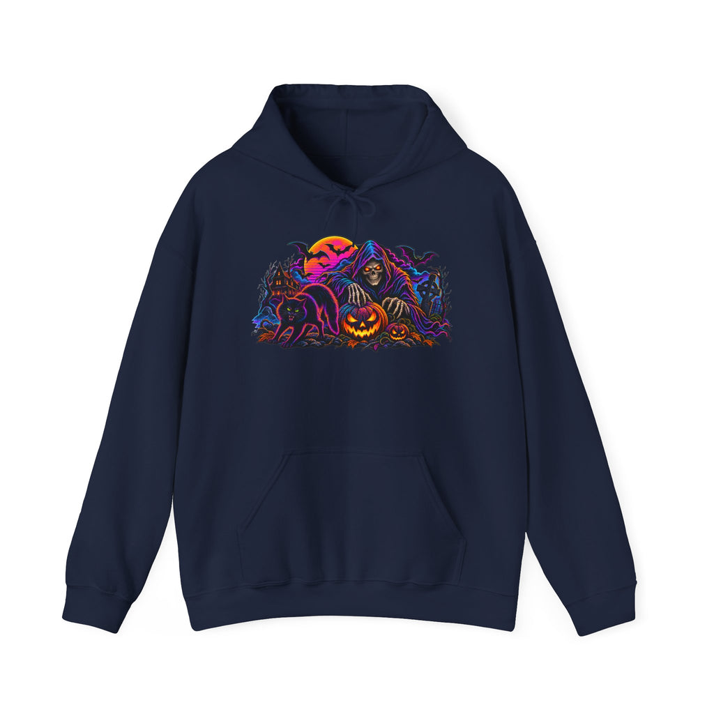 Halloween Horror Hoodie - Neon Jack-O'-Lantern & Ghosts Graphic Sweatshirt