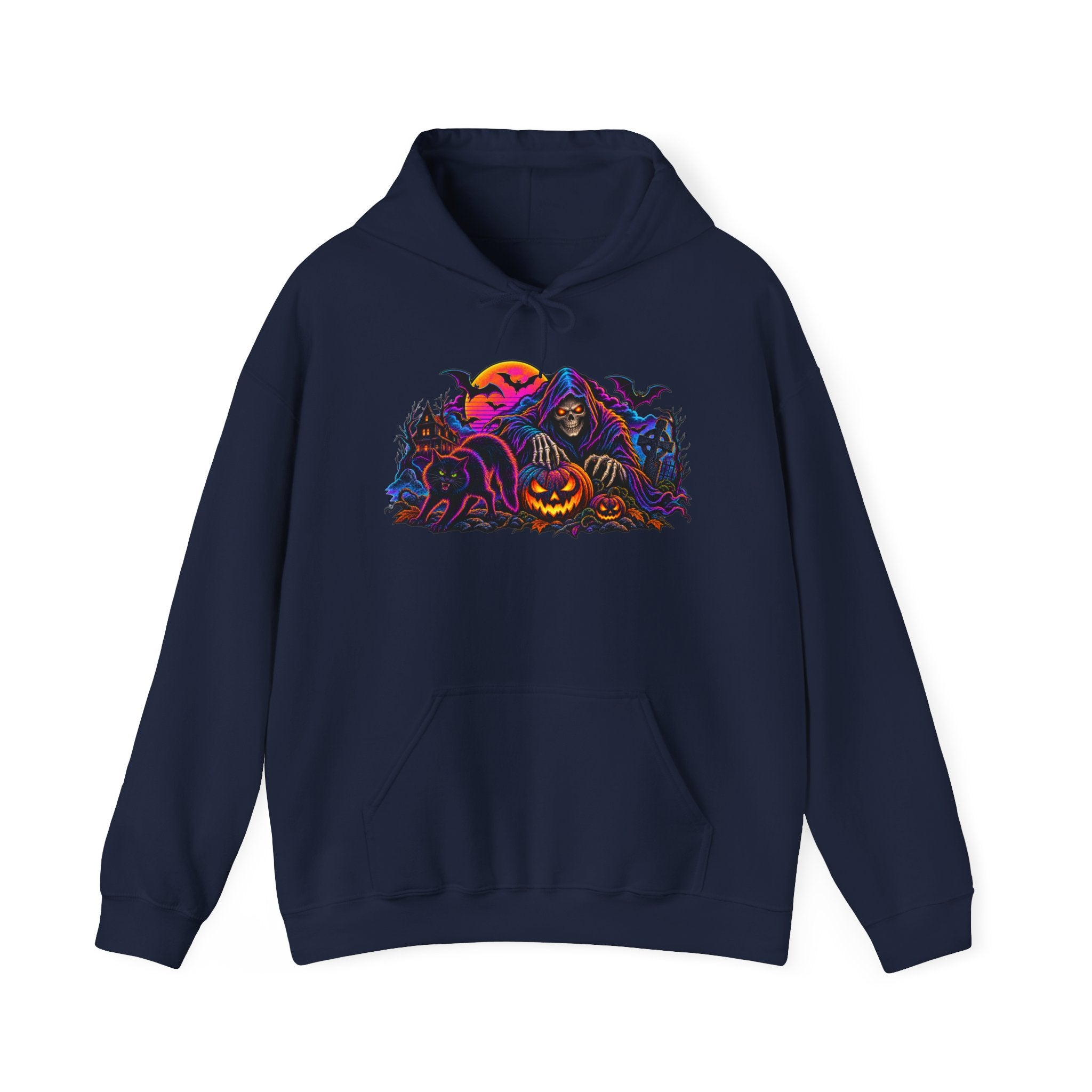 Halloween Horror Hoodie - Neon Jack-O'-Lantern & Ghosts Graphic Sweatshirt