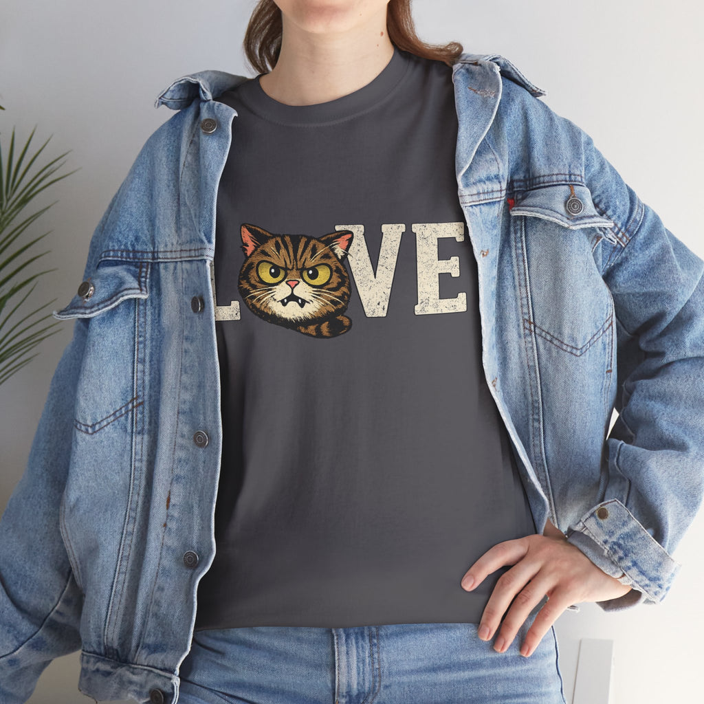 Cat Love T‑Shirt — Retro Tabby  Cat Face LOVE Graphic Tee for Cat Lovers