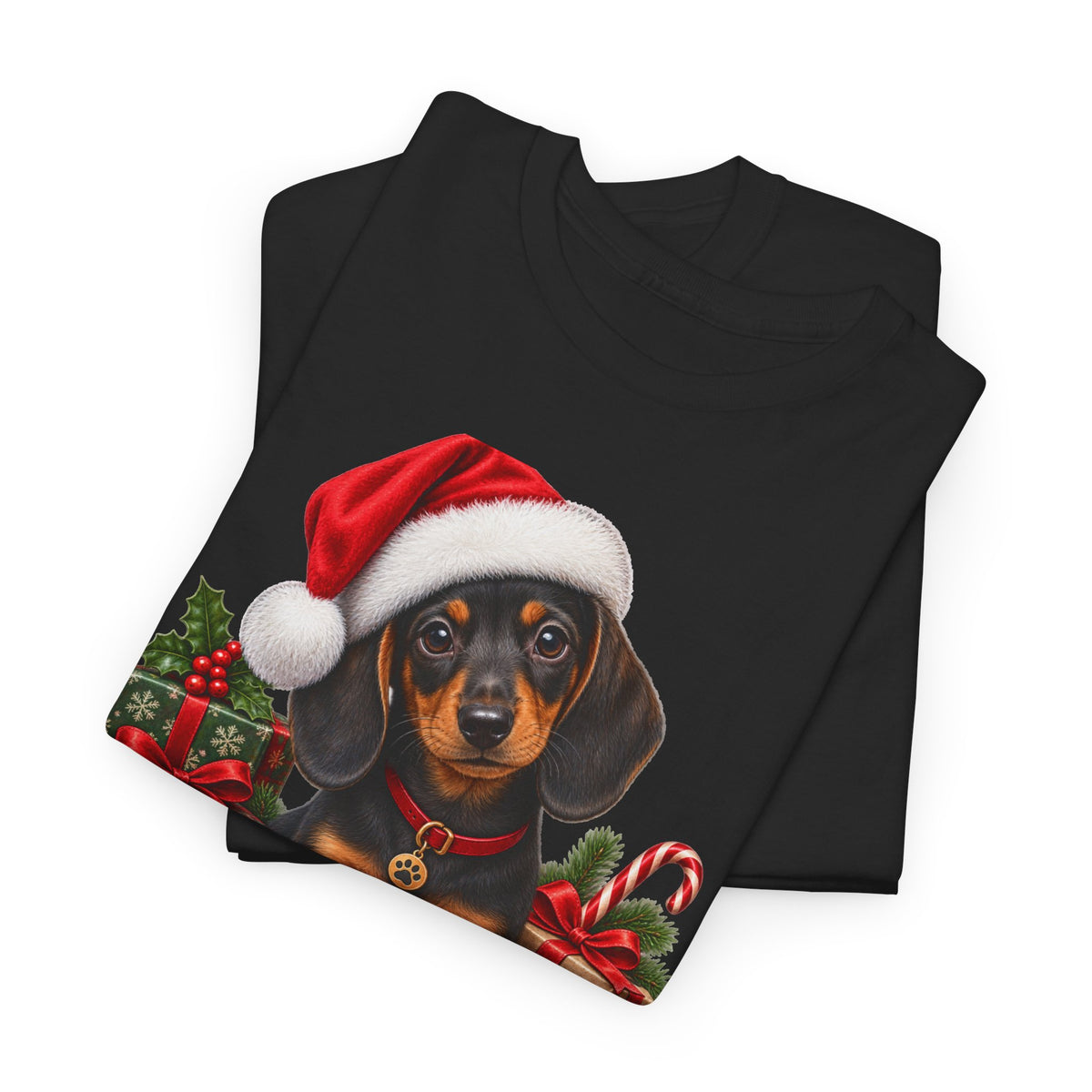Christmas Dachshund T-Shirt – Cute Puppy in Santa Hat Holiday Tee