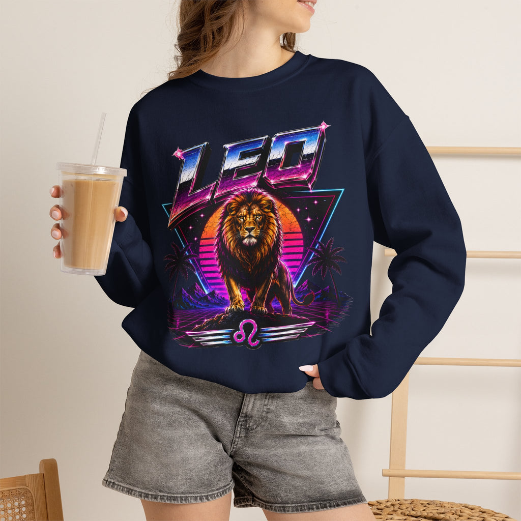 Leo Zodiac Crewneck Sweatshirt — Retro Neon Lion Astrology Design