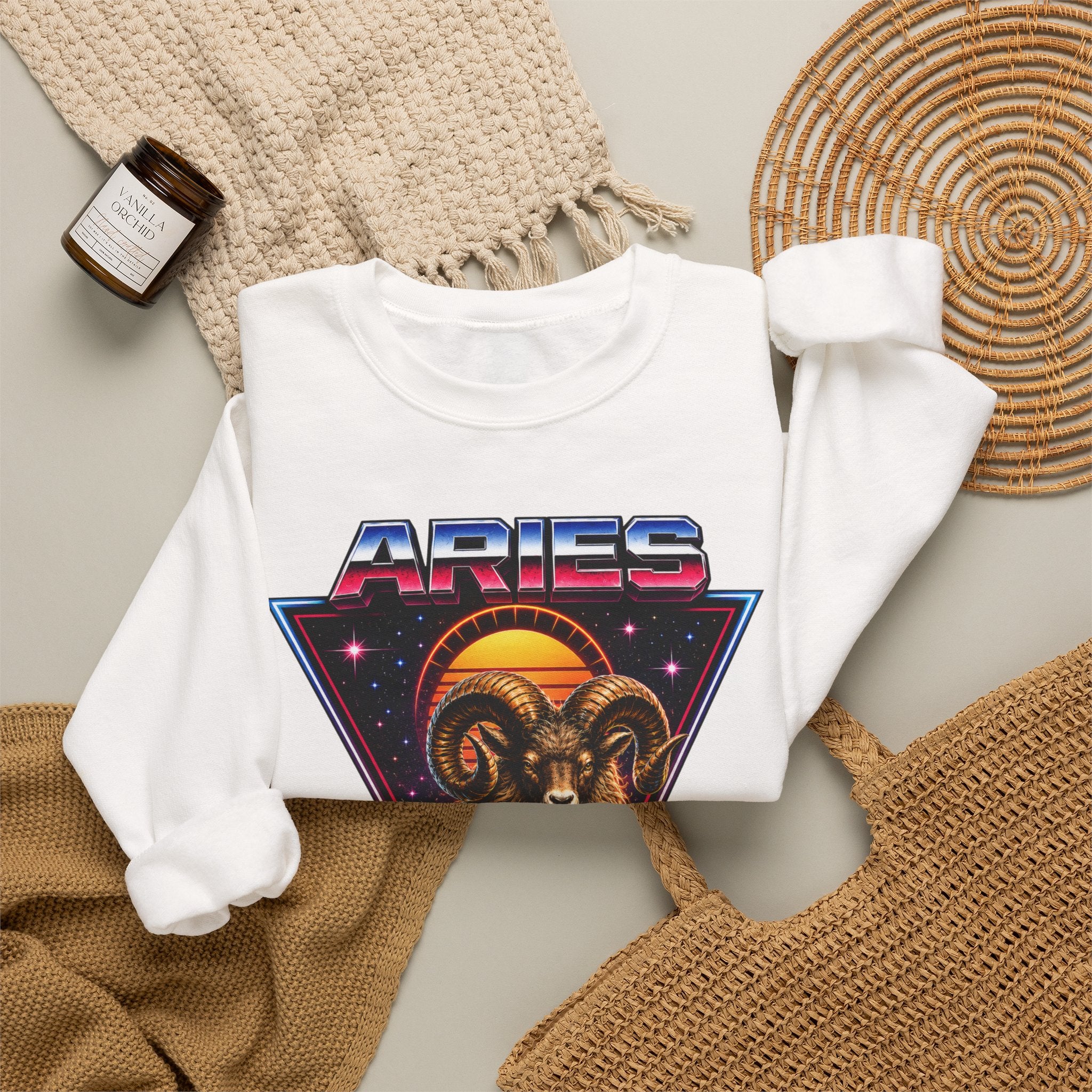 Aries Zodiac Crewneck Sweatshirt — 80s Retro Ram Astrology Graphic