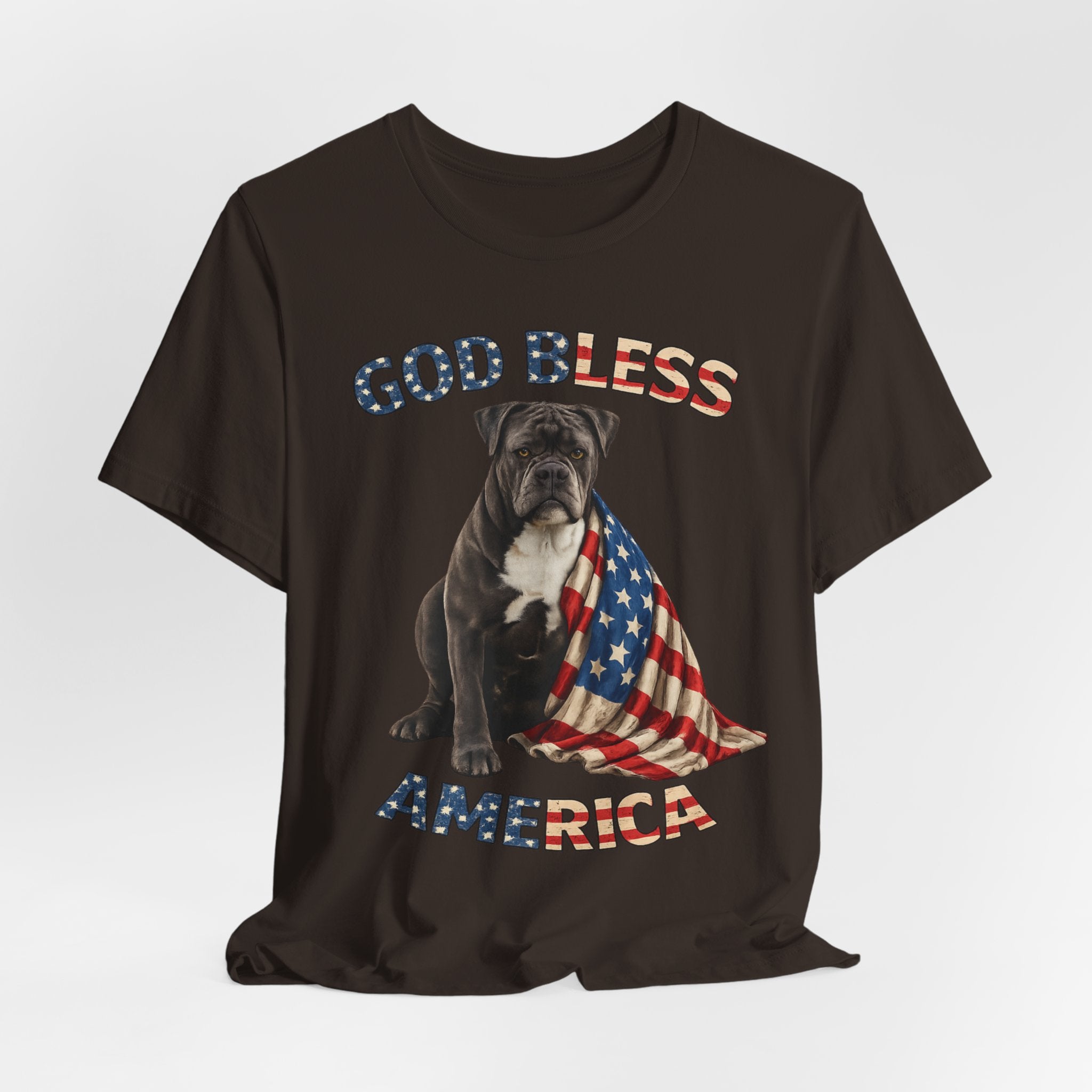 Patriotic Bulldog Tee – "God Bless America" USA Flag Dog T-Shirt