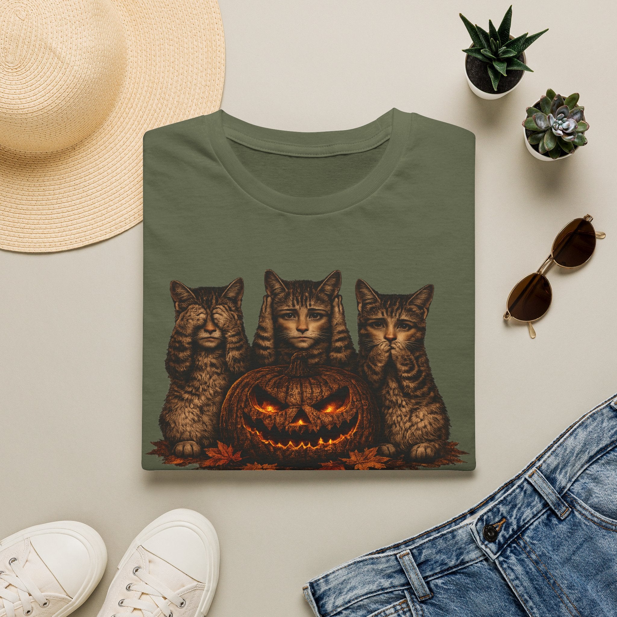 No Evil... Anthropomorphic Cat Pumpkin T-Shirt — Three Spooky Cats with Jack-O'-Lantern