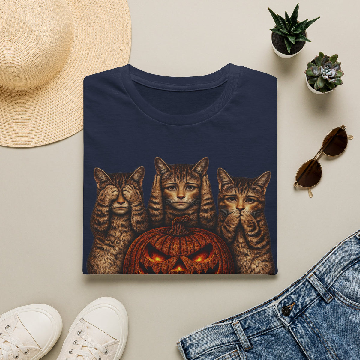 No Evil... Anthropomorphic Cat Pumpkin T-Shirt — Three Spooky Cats with Jack-O'-Lantern