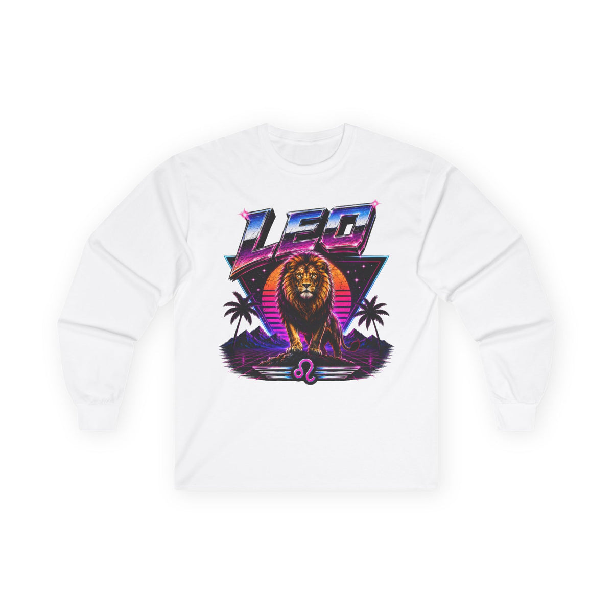 Leo Zodiac Lion Long Sleeve Tee — Retro Sunset Astrology Shirt