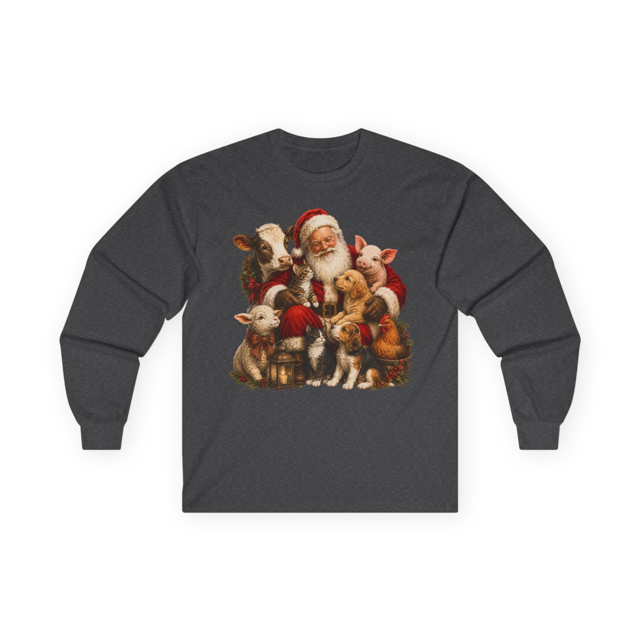 Christmas Santa with farm animals Long Sleeve Tee — Vintage Holiday Animal Shirt