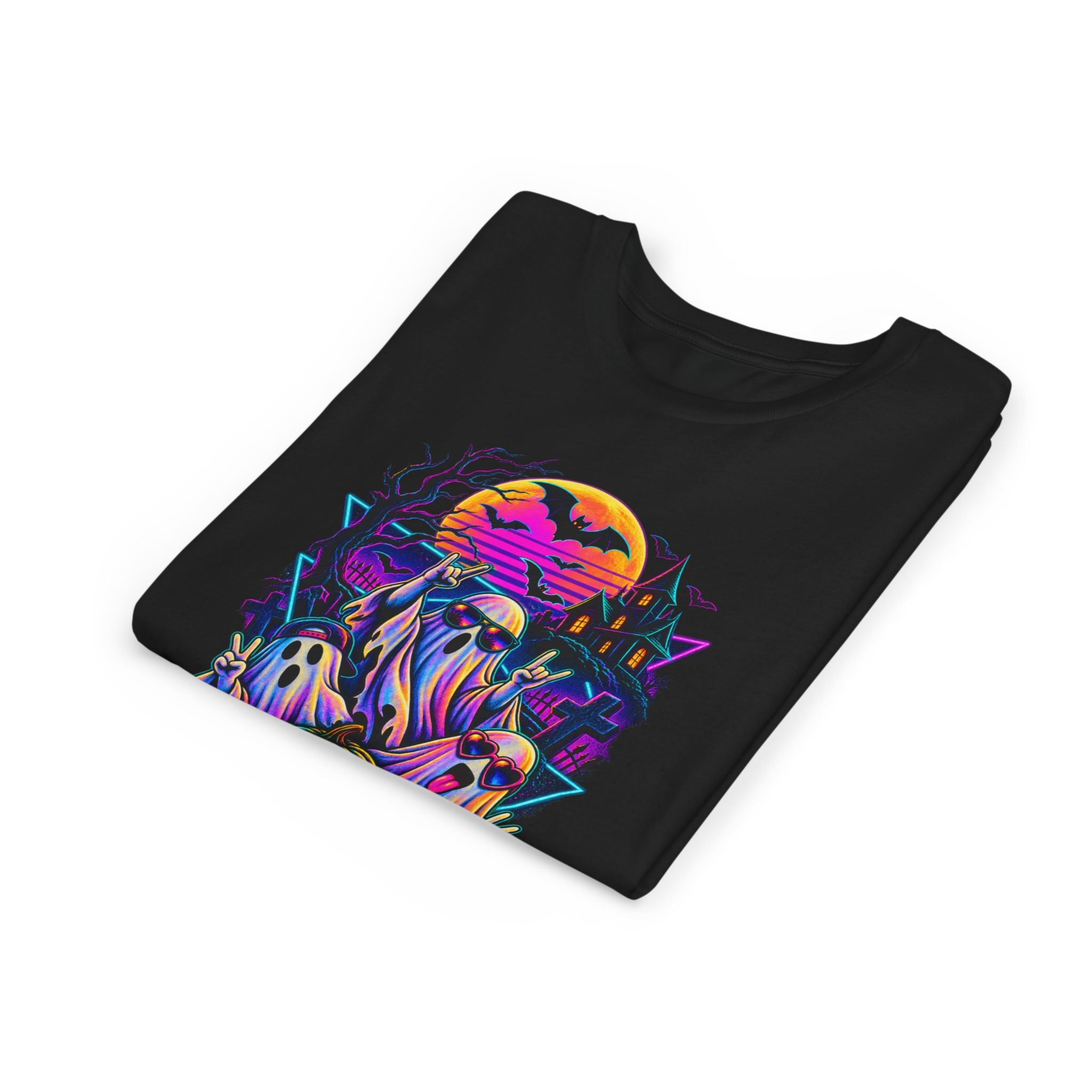 Youth Halloween Ghosts T‑Shirt — Neon Retro Pumpkin Tee