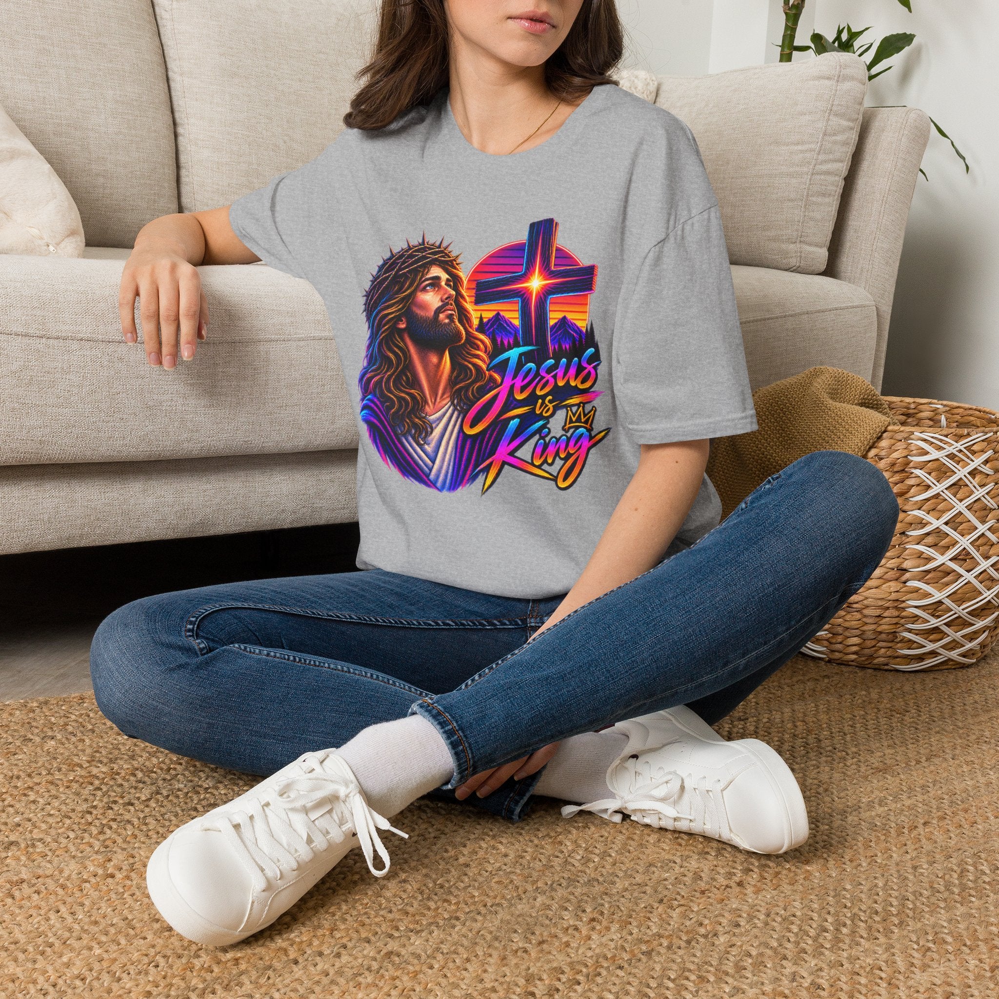 Jesus Is King T‑Shirt — Retro Neon Cross & Christ Portrait