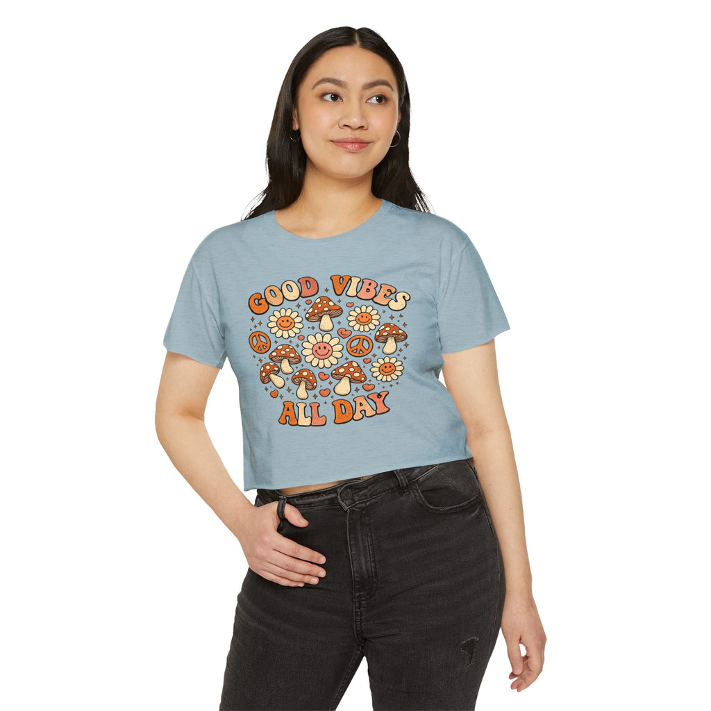 Good Vibes All Day Crop Top — Retro Mushroom & Sun Festival Tee