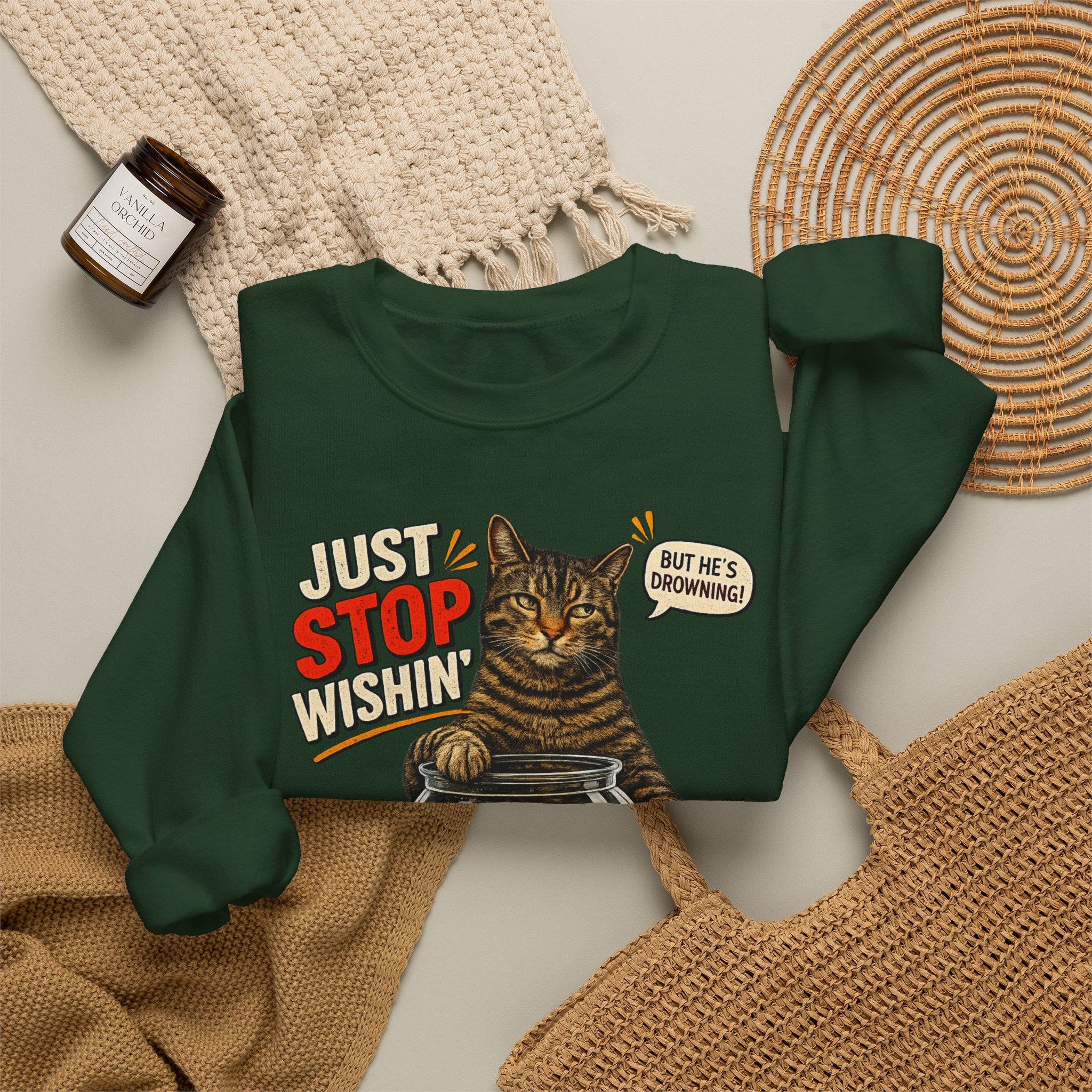 Fishing Cat Sweatshirt – "Just Stop Wishin' and Go Fishin'" Graphic Crewneck