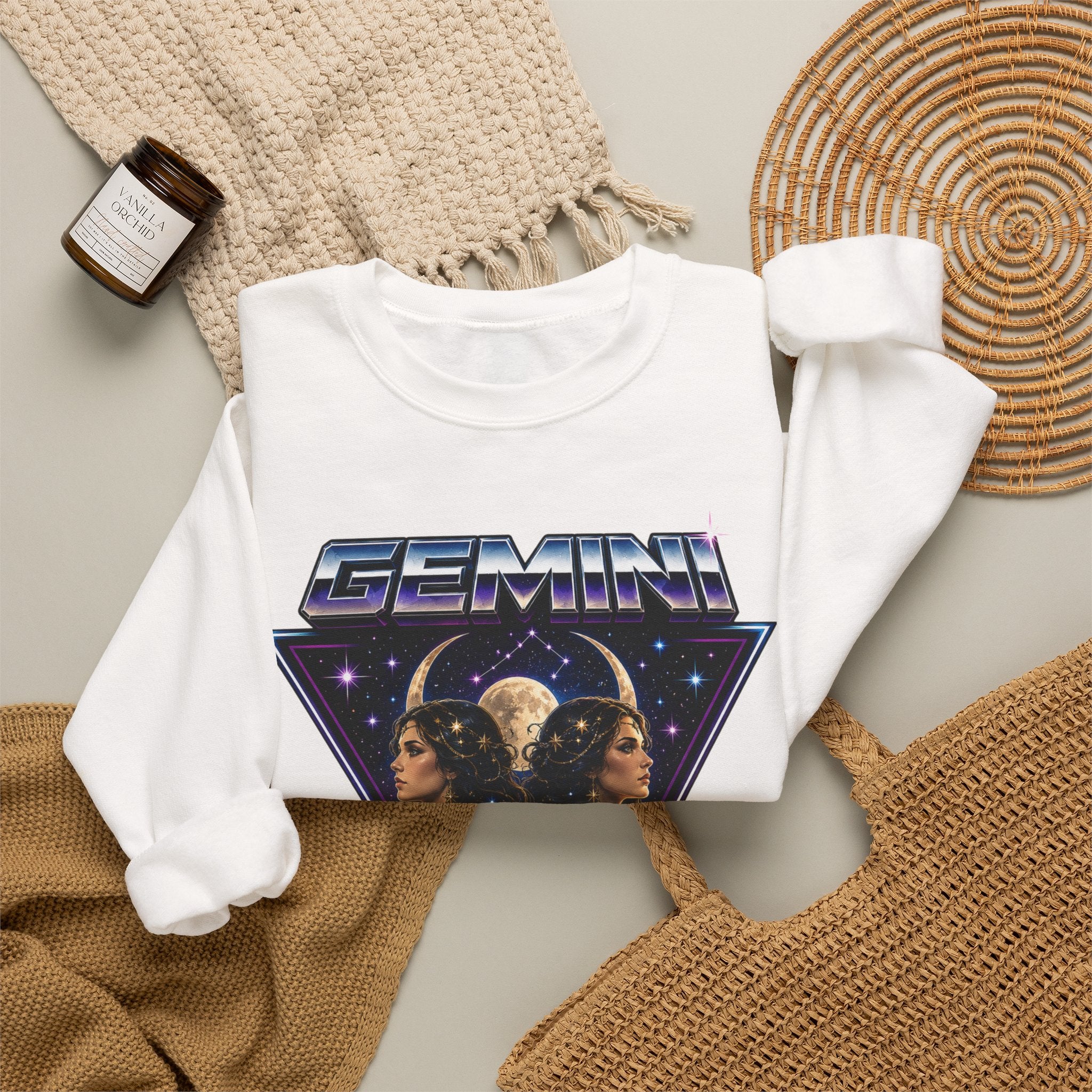 Gemini Zodiac Crewneck Sweatshirt — Retro Twin Astrology Graphic