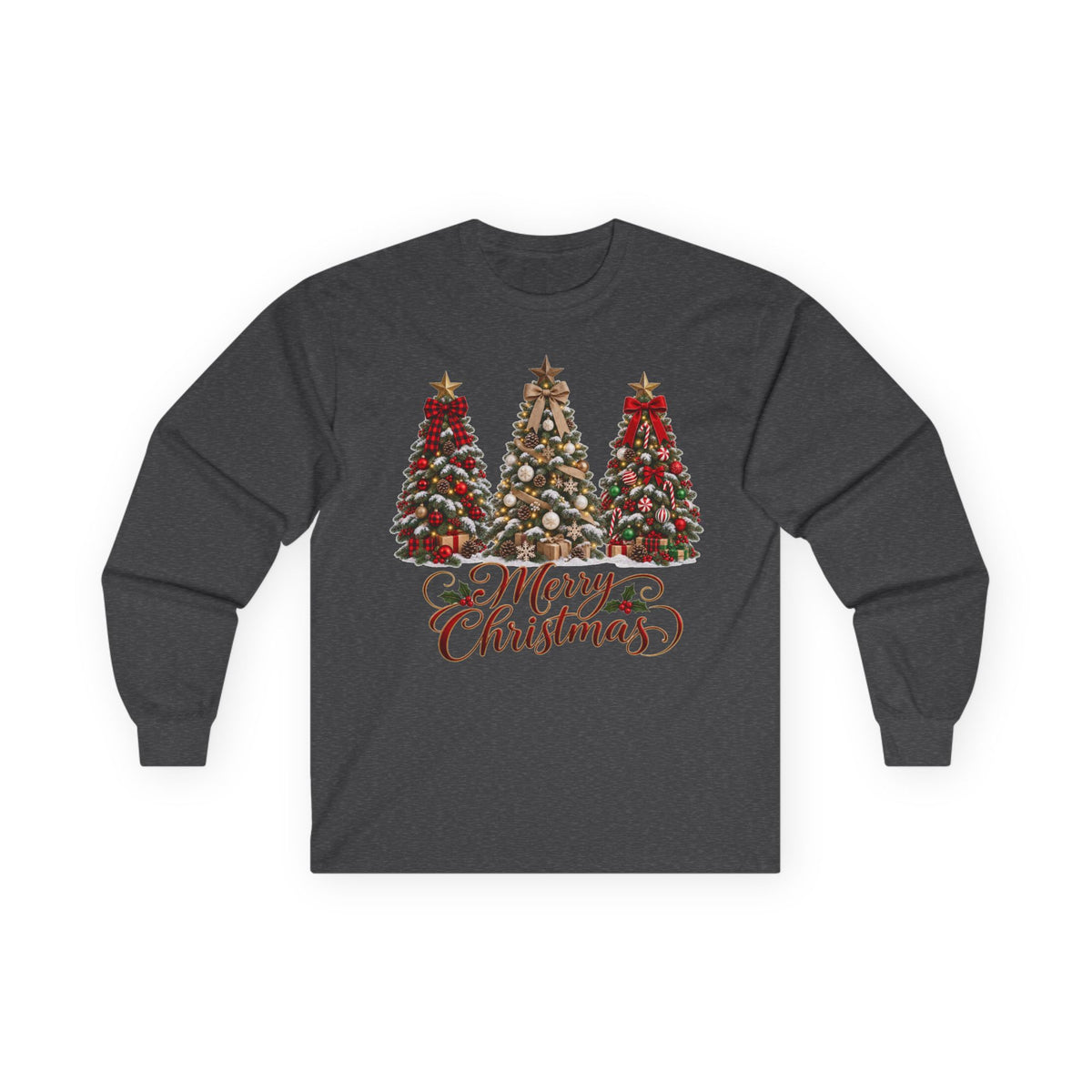 Long Sleeve Tee — Festive 'Merry Christmas' Triple Tree Holiday Graphic