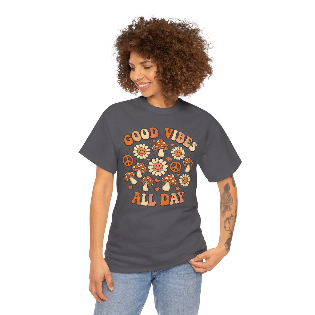 Boho-Good Vibes All Day T-Shirt — Retro Mushroom & Daisy Graphic Tee