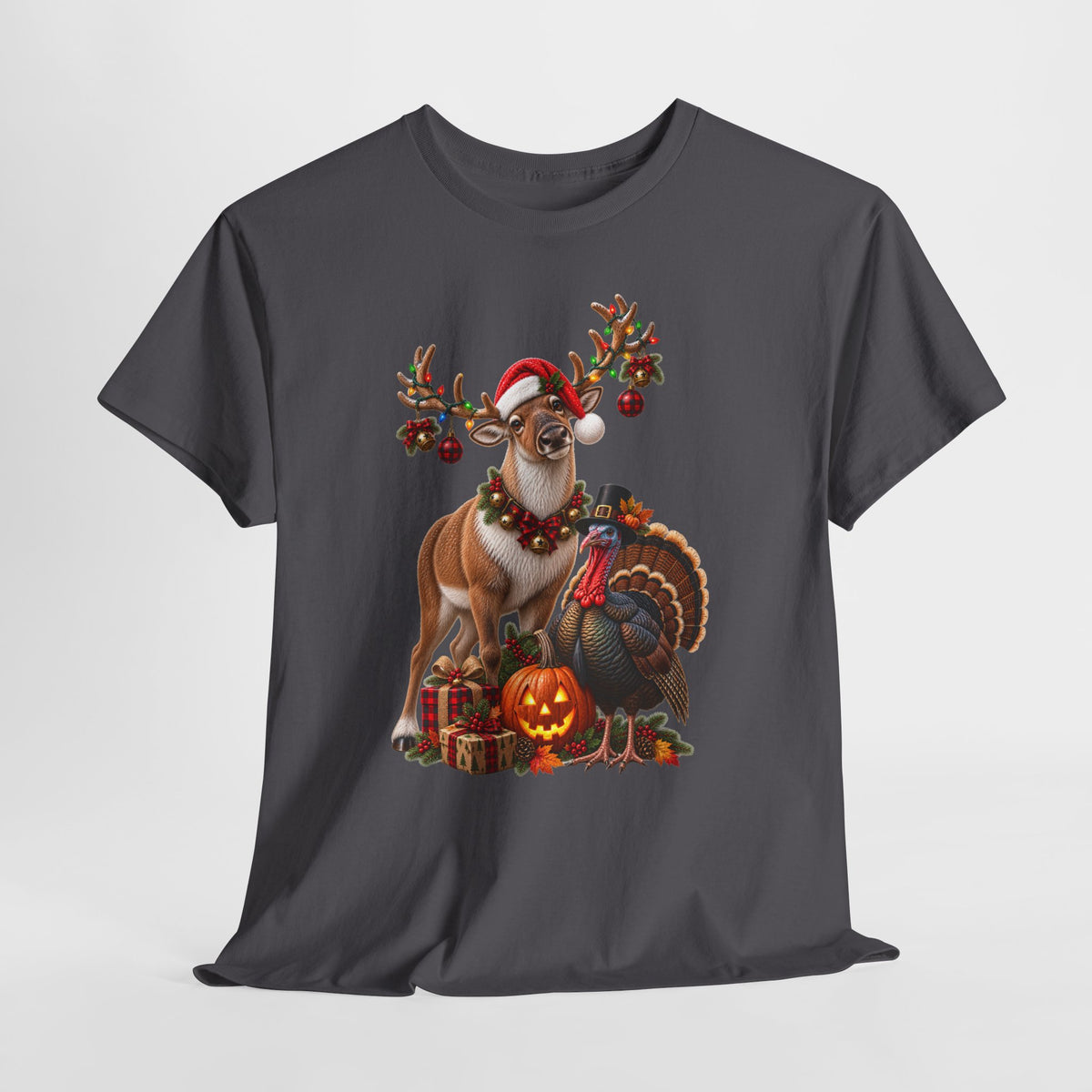 Holiday Mashup Tee — Reindeer with Turkey, Santa Hat & Jack-O’-Lantern