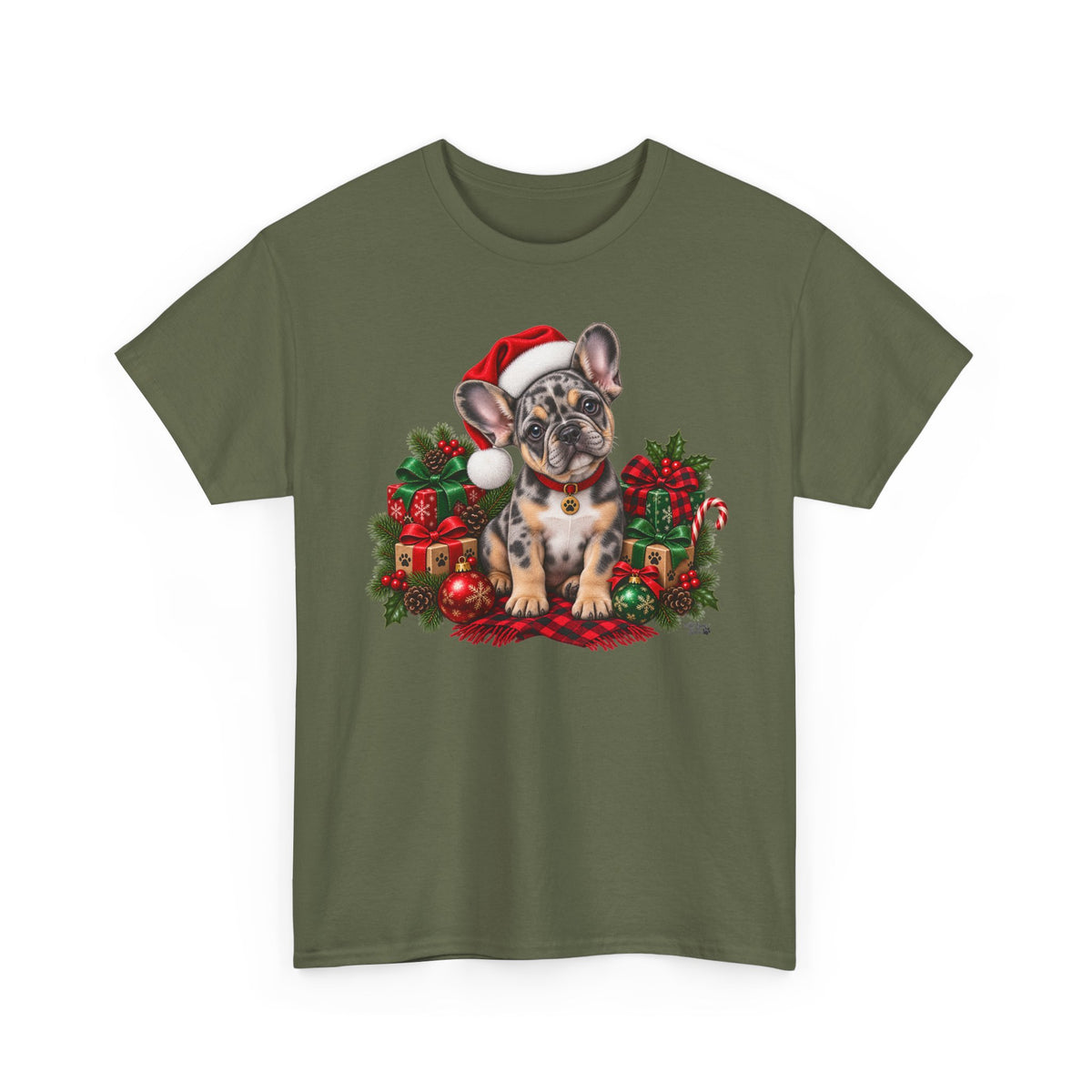 French Bulldog Christmas T-Shirt — Cute Puppy in Santa Hat Holiday Tee