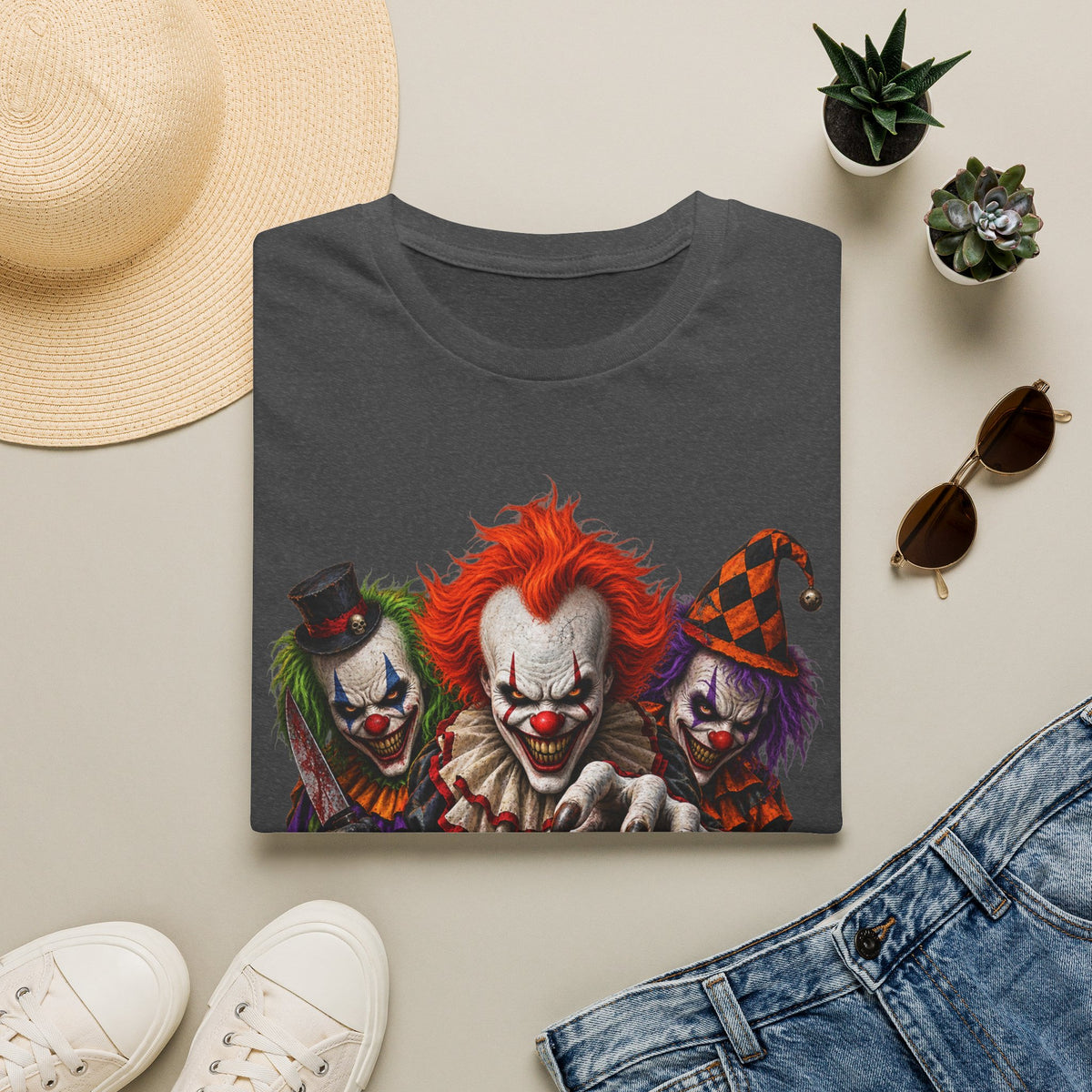Creepy Clown Trio Halloween T-Shirt — Scary Clown Pumpkin Design