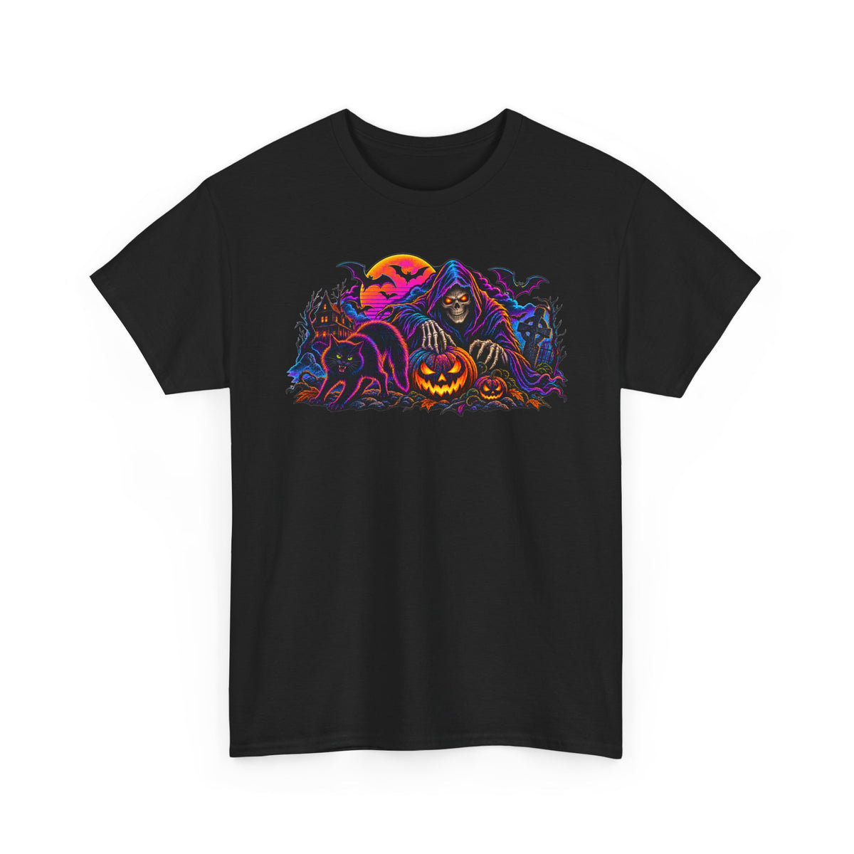 Halloween Grim Reaper Jack-O'-Lantern Tee — Retro Neon Spooky Skull Shirt