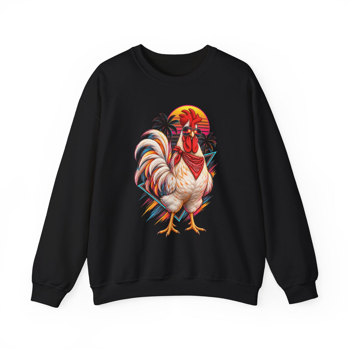 Rooster Sunset Crewneck Sweatshirt — Tropical Farm Rooster Graphic