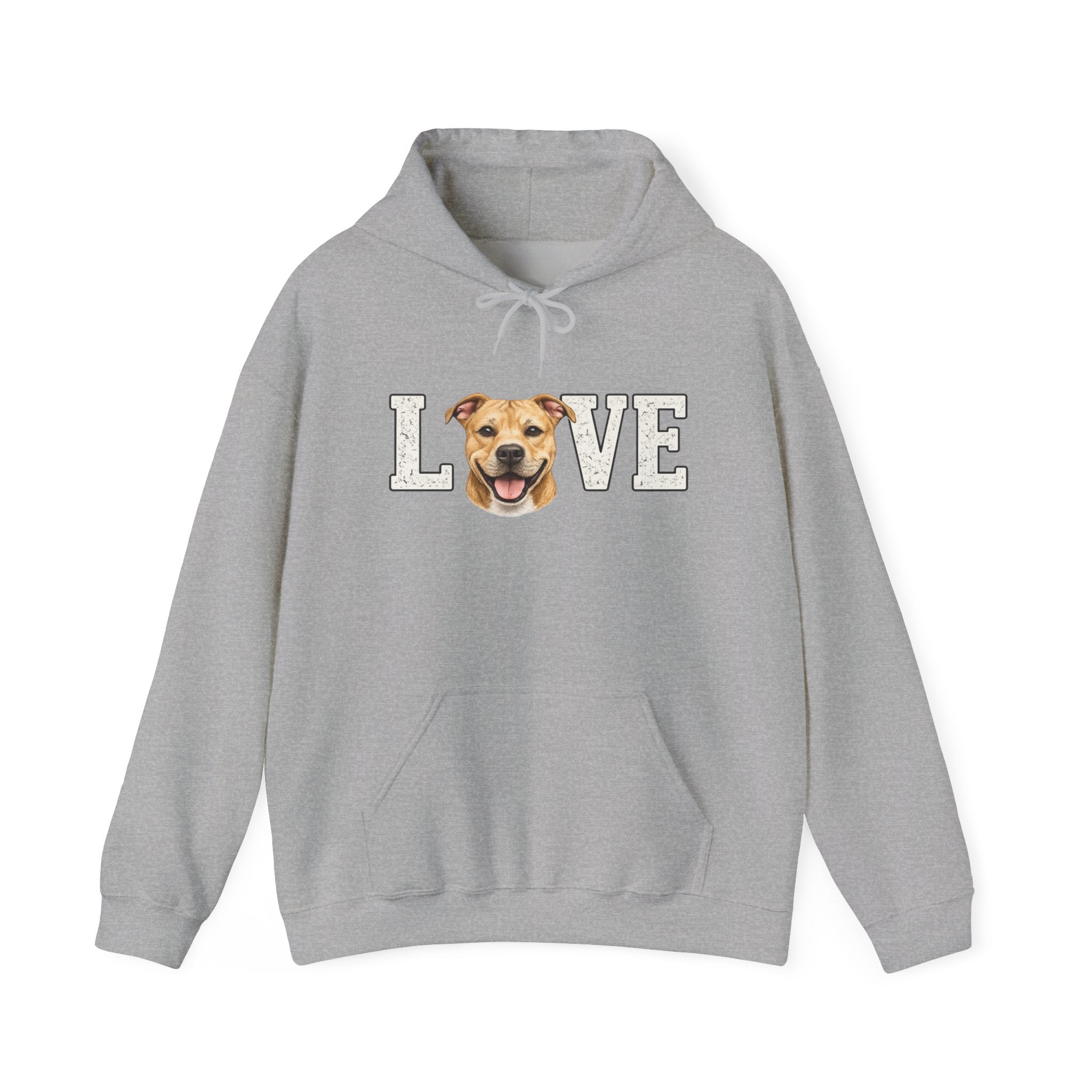 Pit Bull Love Hoodie — "LOVE" with Happy Pit Bull Dog Face | Pet Lover Pullover